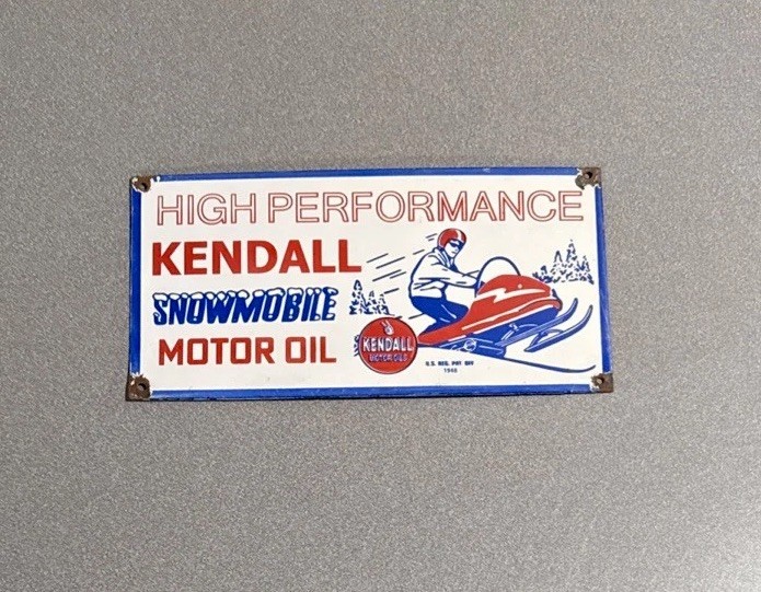 VINTAGE 12” 1948 KENDALL SNOWMOBILE PORCELAIN SIGN CAR OIL GAS MOTORCYCLE TRUCK
