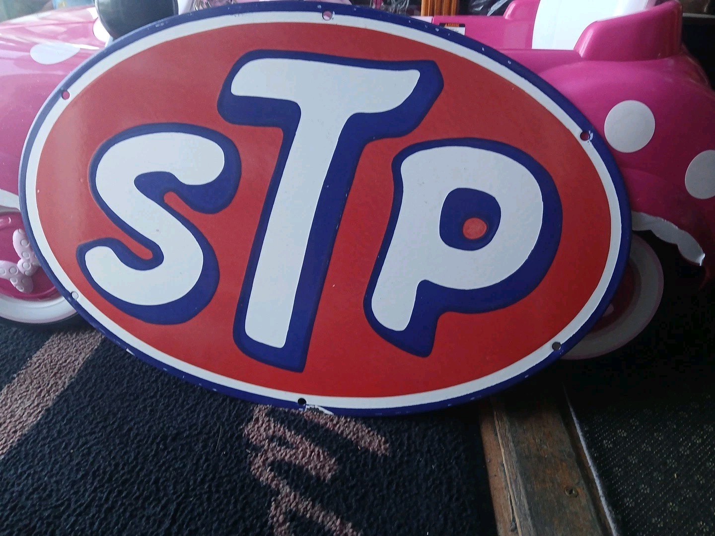 Large Vintage STP 2FT Porcelain Metal Oval Sign – Gas Pump Automotive Sign
