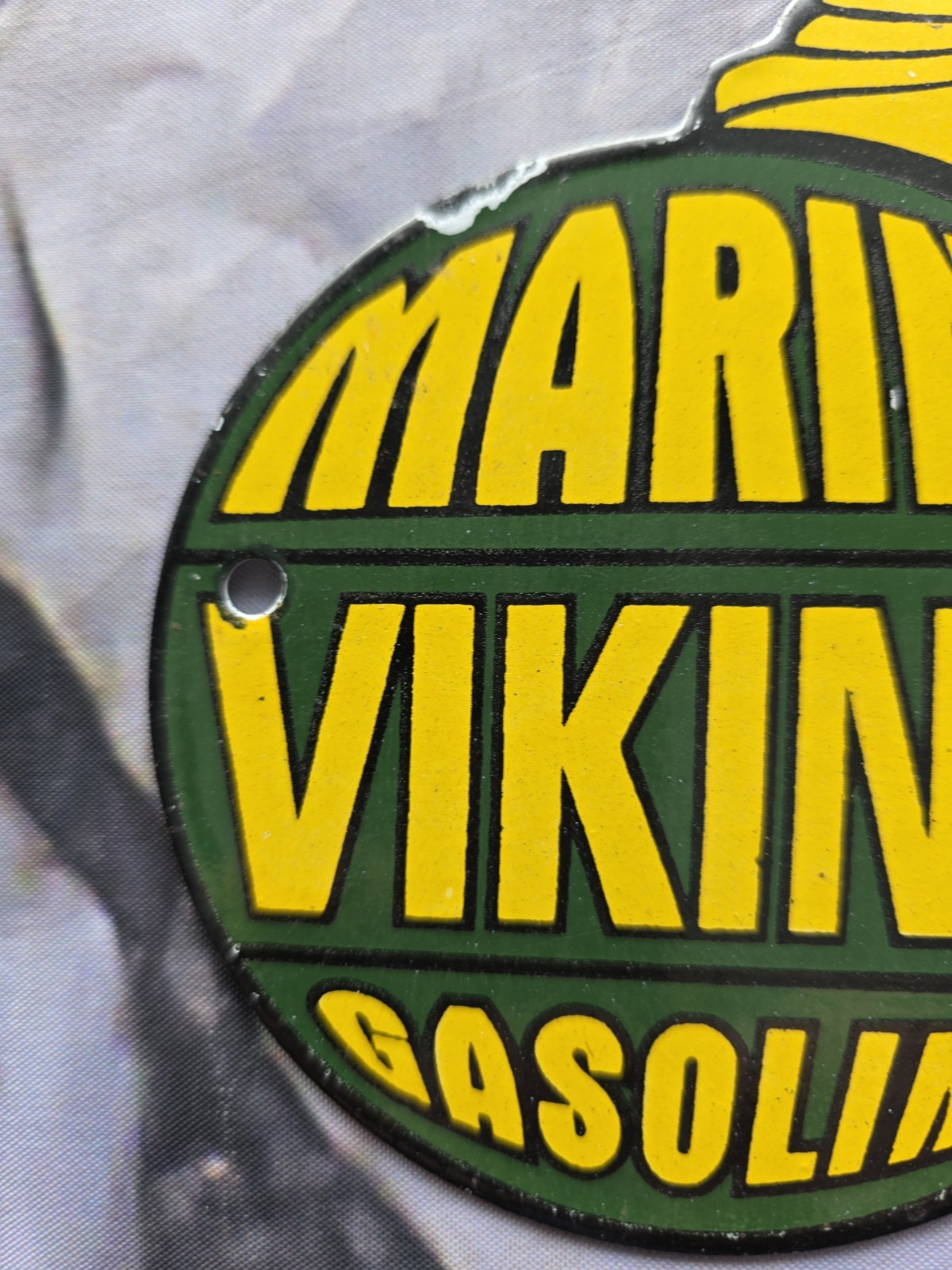 VINTAGE VIKING MARINE GASOLINE PORCELAIN SIGN 9” x 5”.