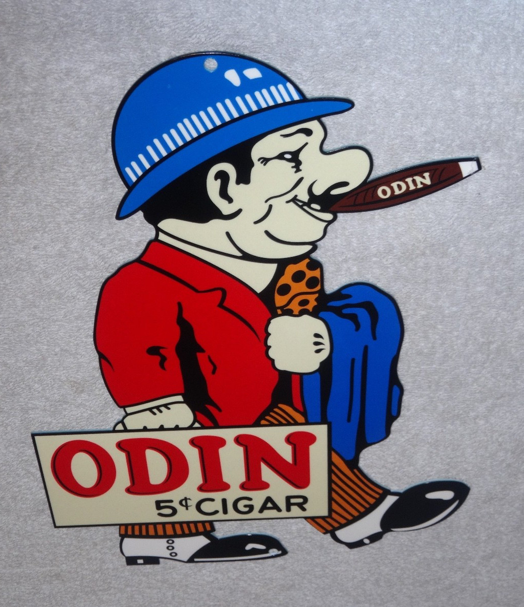 VINTAGE ODIN 5 CENT CIGAR USED CAR SALESMAN 12″ METAL SMOKING, GASOLINE OIL SIGN