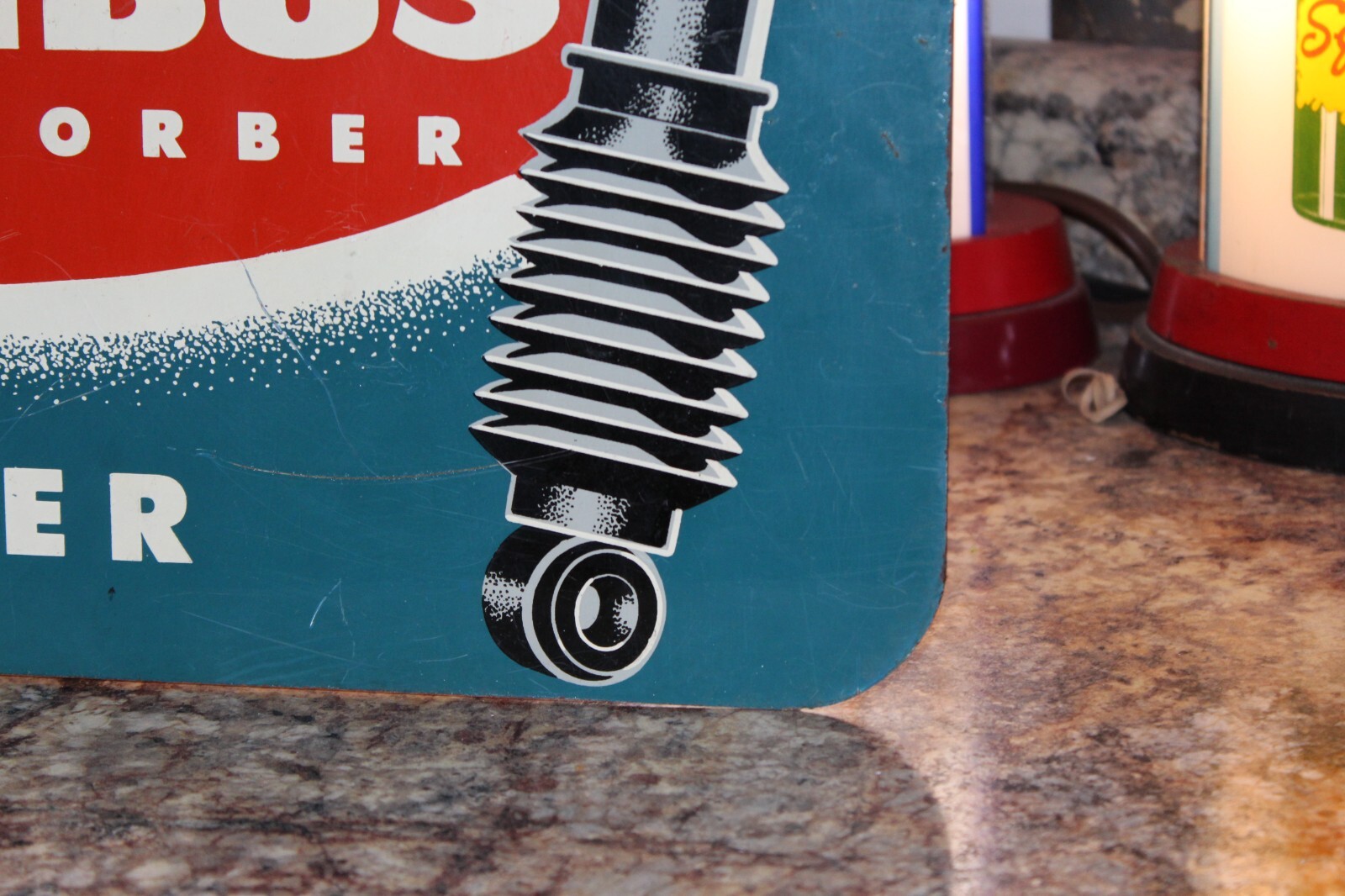 SCARCE 1950s COLUMBUS SHOCK ABSORBER DEALER 2 SIDED PAINTED METAL FLANGE SIGN 66