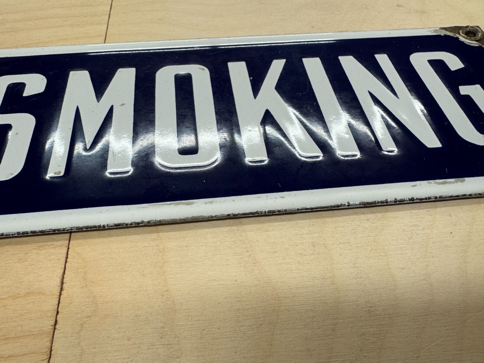 VINTAGE AUTHENTIC “NO SMOKING” PORCELAIN SIGN AT 12″ X 3-1/2″~ THICK SHELVING!