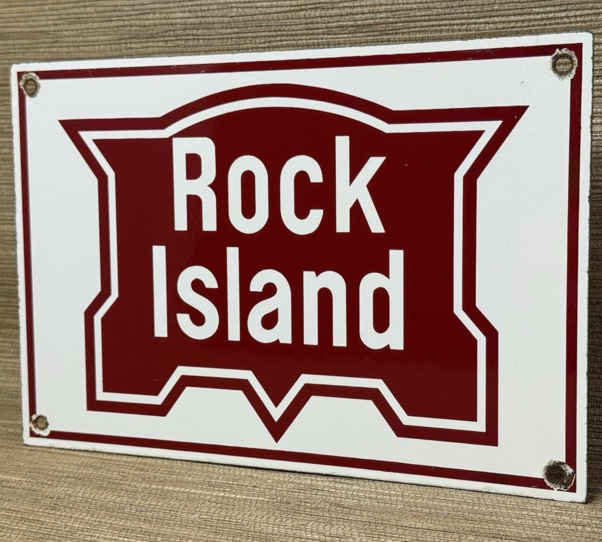 VINTAGE ROCK ISLAND RAILWAY PORCELAIN SIGN GAS OIL TRAIN STATION PUMP PLATE