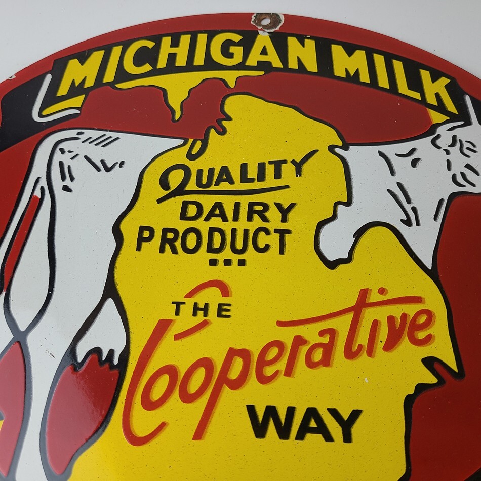 Vintage Michigan Milk Sign – Dairy Cow Porcelain Diner Gas Pump Sign