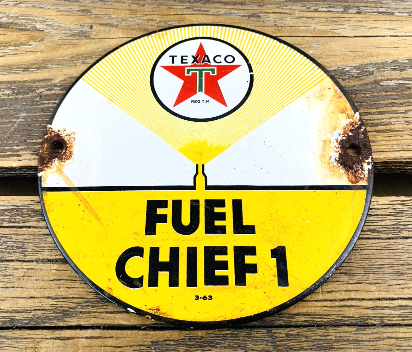 VINTAGE 6″ TEXACO FUEL CHIEF 1 OIL PORCELAIN SERVICE GASOLINE ADVERTISING SIGN