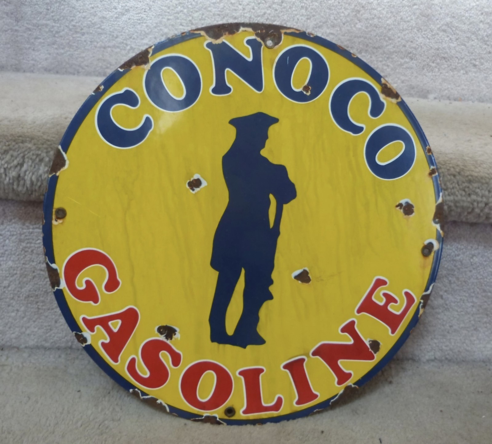 VINTAGE Conoco Gasoline Minuteman Porcelain Enamel Sign 11 3/4″