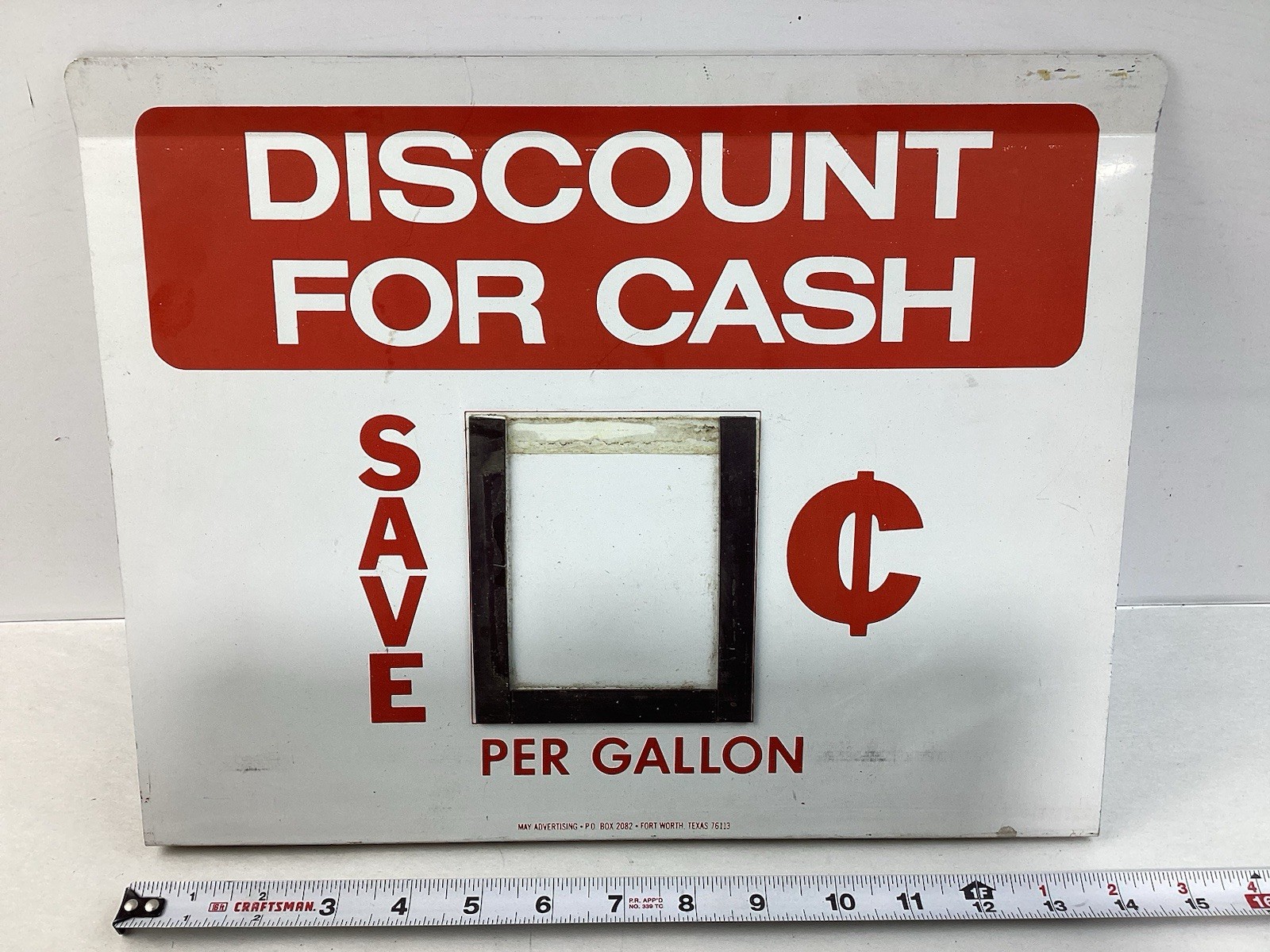 Vintage Metal Gas Pump Topper Sign, Discount For Cash, 14 x 11