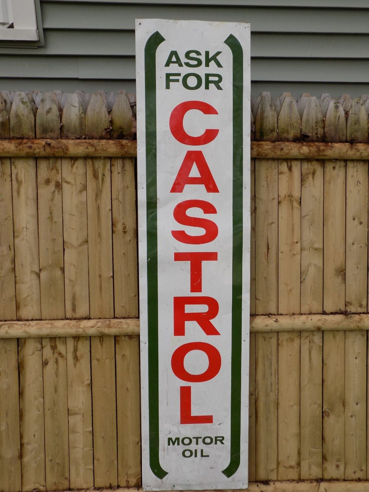 Vintage Ask For Castrol Motor Oil Vertical Metal Sign on wood frame