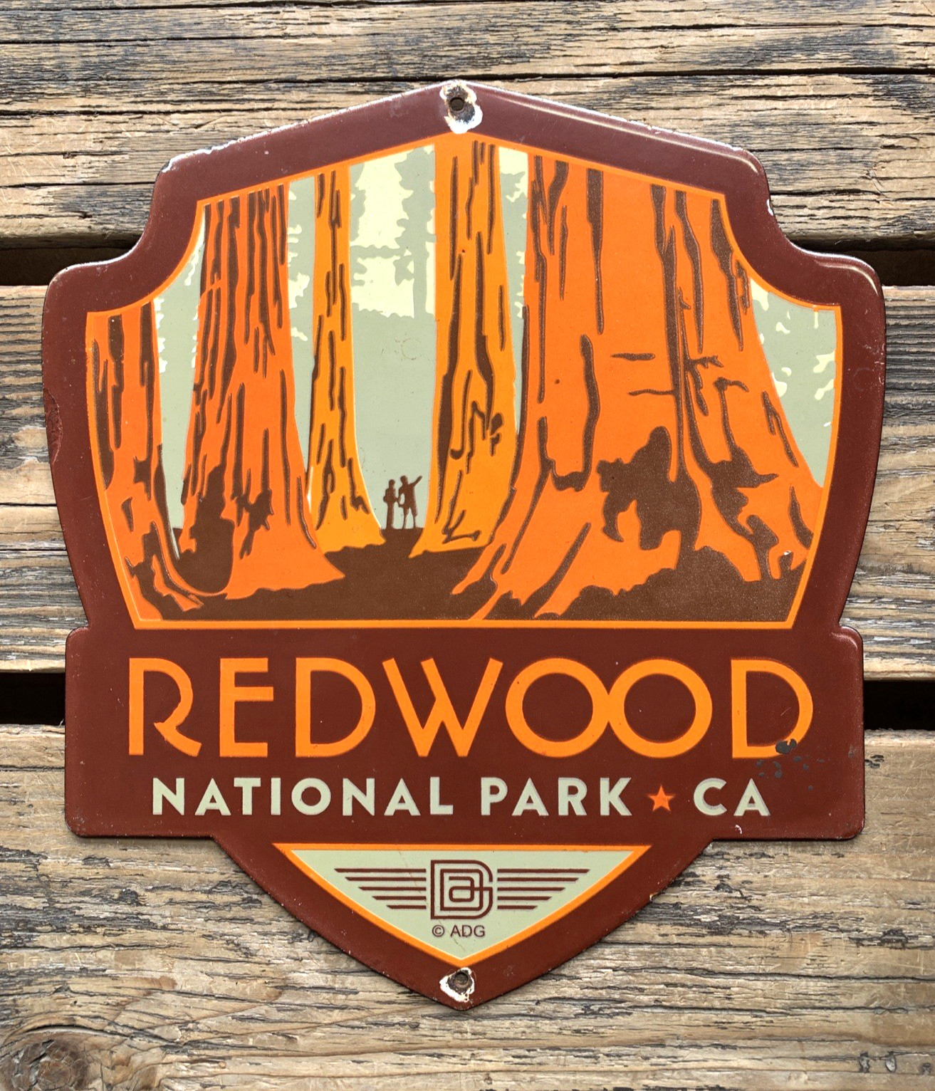VINTAGE 12×11″ REDWOOD NATIONAL PARK CA PORCELAIN GASOLINE OIL PUMP STATION SIGN