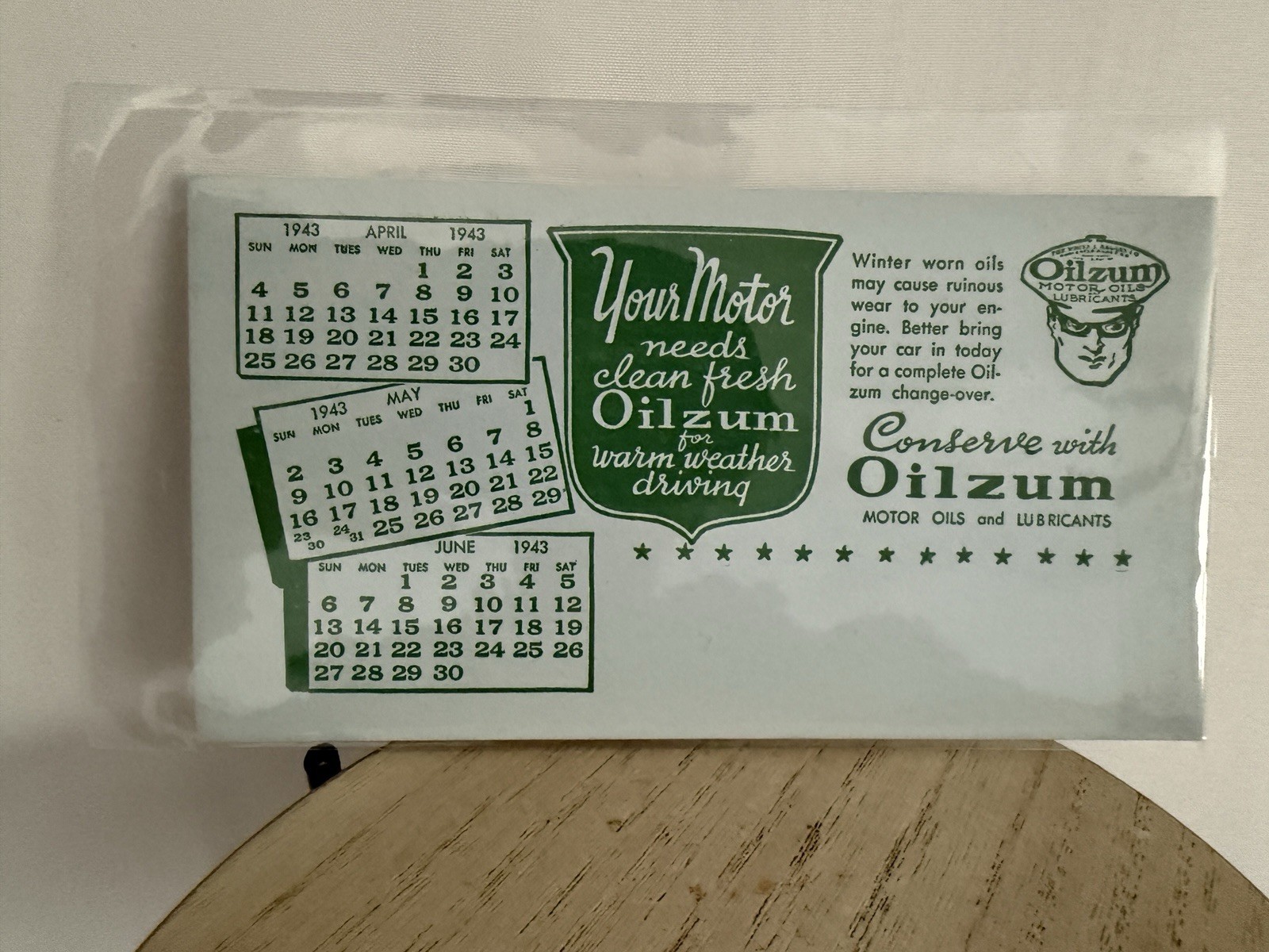 Vintage OILZUM Motor Oil – 1943 Calendar 3 months RARE 3.5″ x 6″