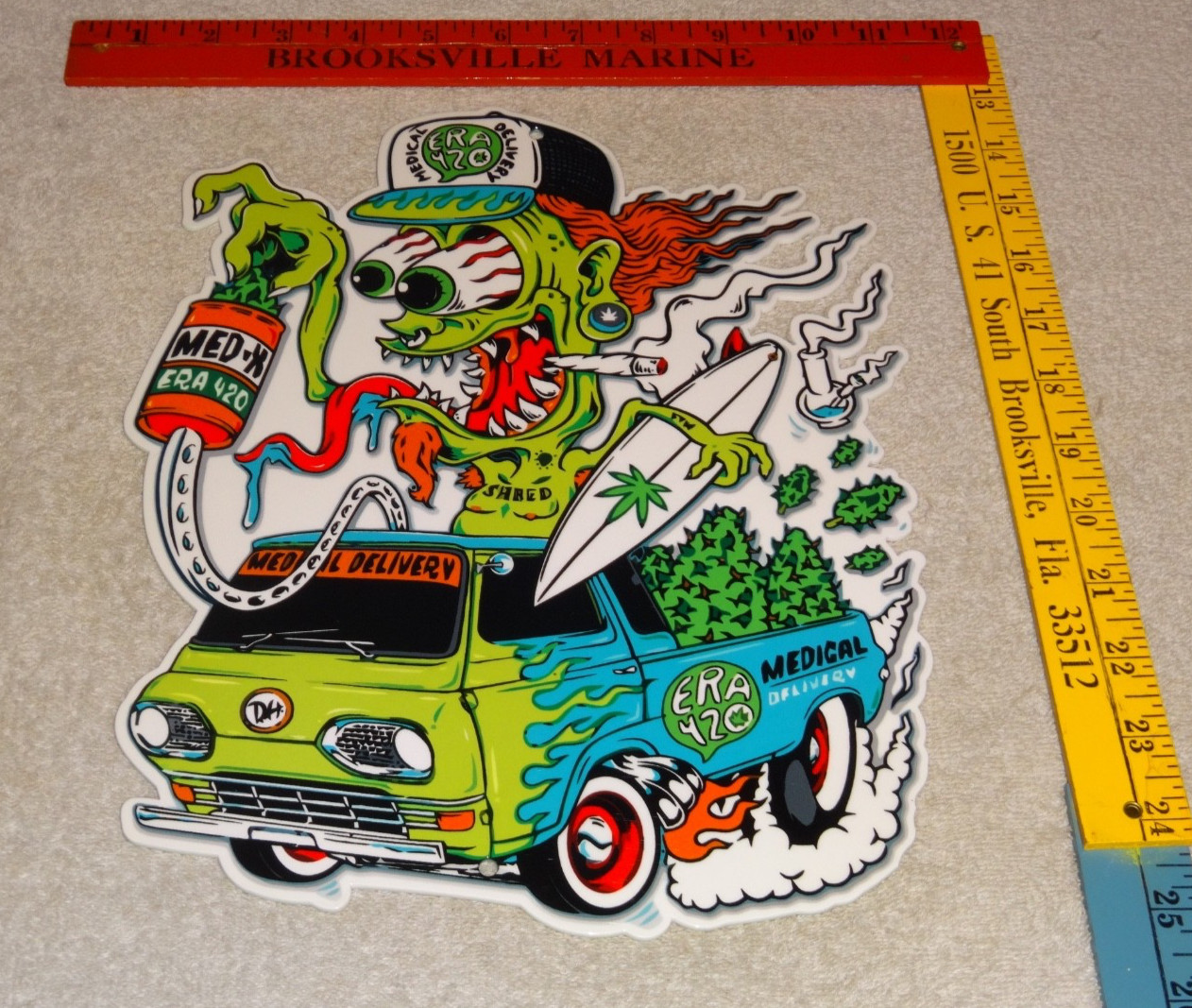 VINTAGE RATFINK MEDICAL DELIVERY TRUCK 420 ERA 1′ ENAMEL METAL GASOLINE OIL SIGN