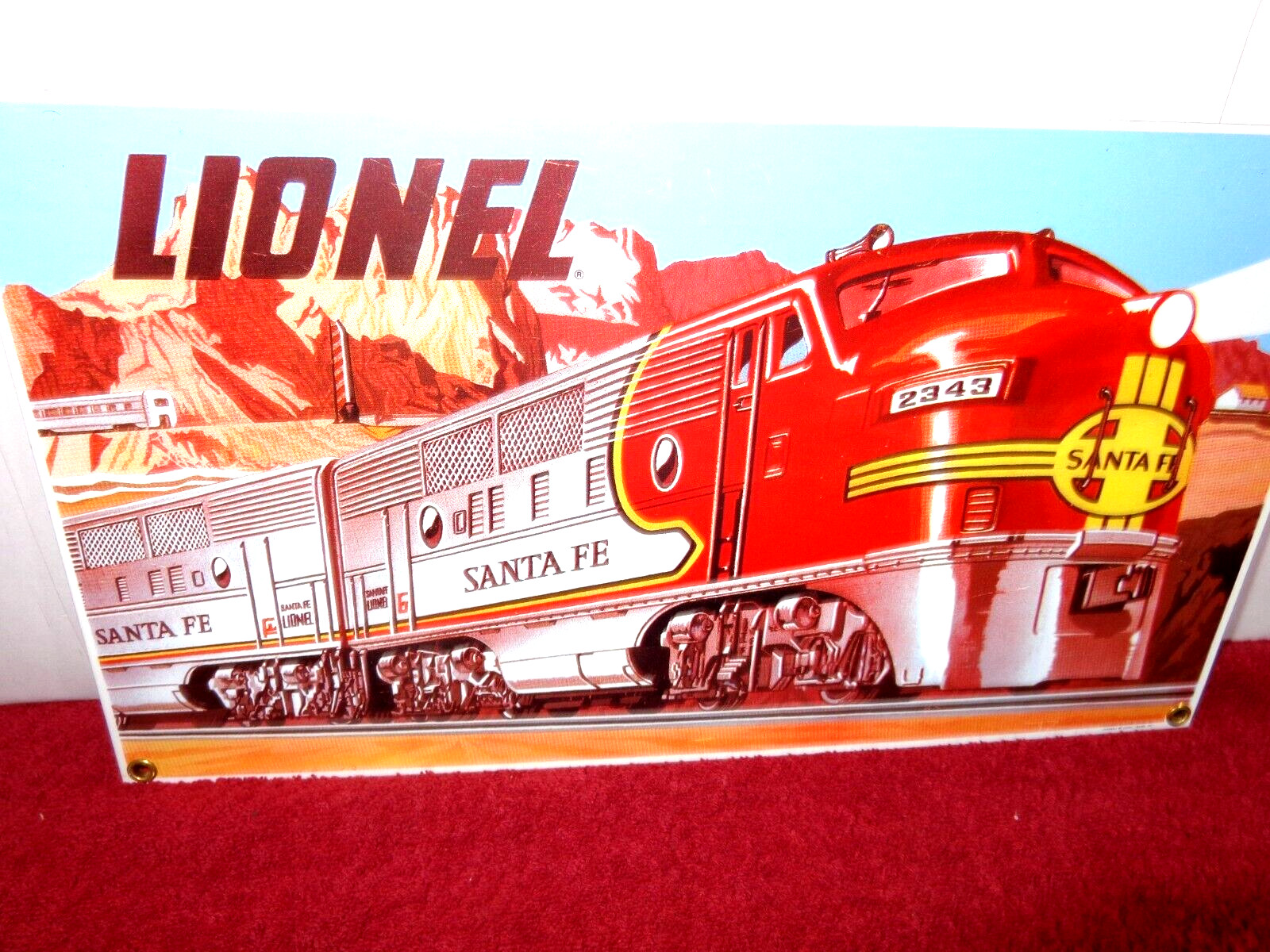 13×7 in LIONEL SANTA FE RAIL ROAD TRAIN ADV. SIGN HEAVY METAL PORCELAIN – Z 441