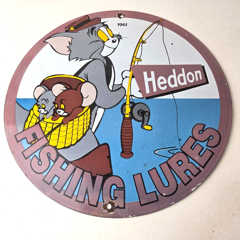 Vintage Heddon Fishing Lures Sign – Fish Tackle Gas Advertisement Porcelain Sign