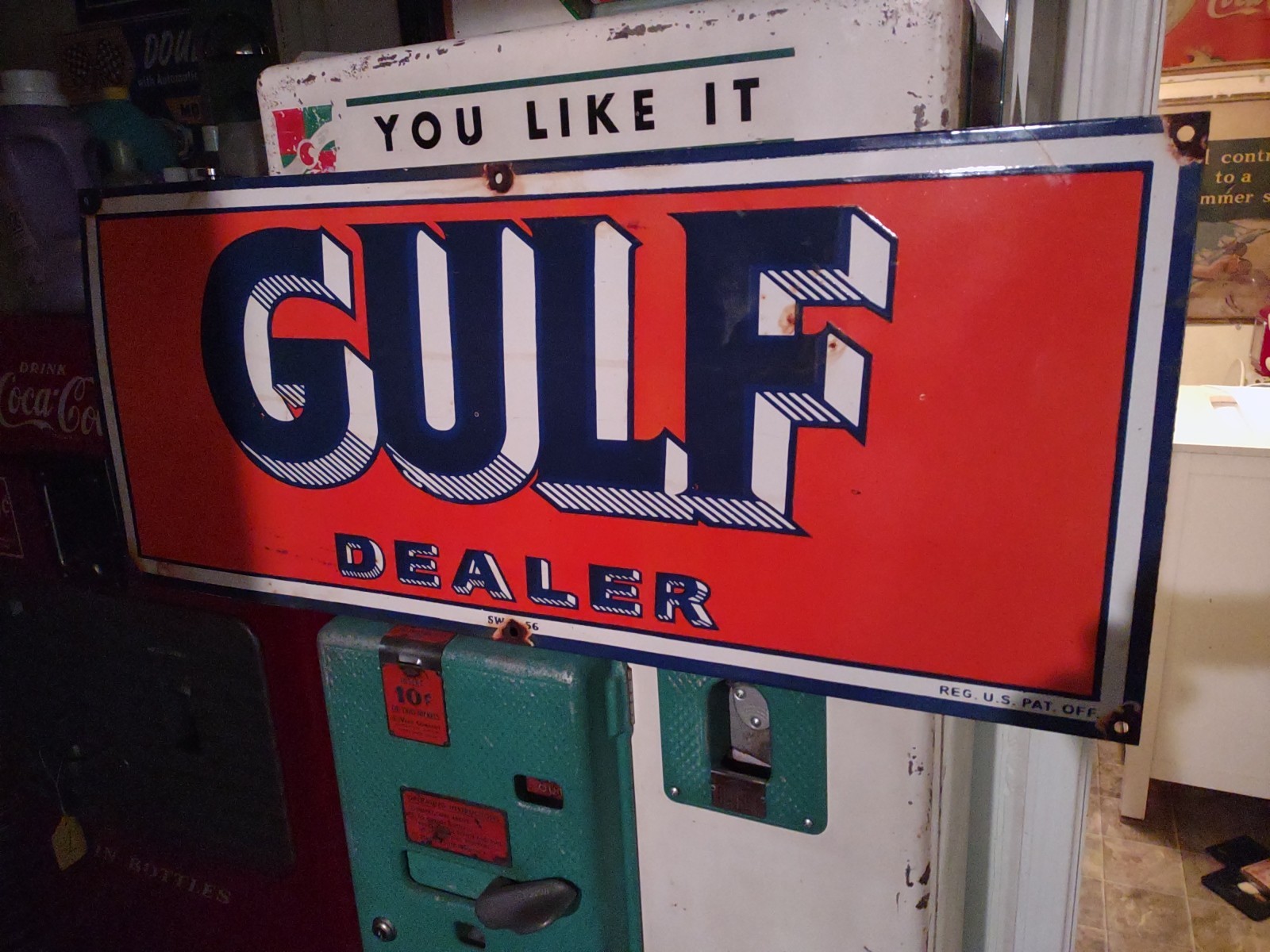 LARGE VINTAGE GULF MOTOR OIL PORCELAIN GAS OIL SERVICE STATION DEALER SIGN 3FT