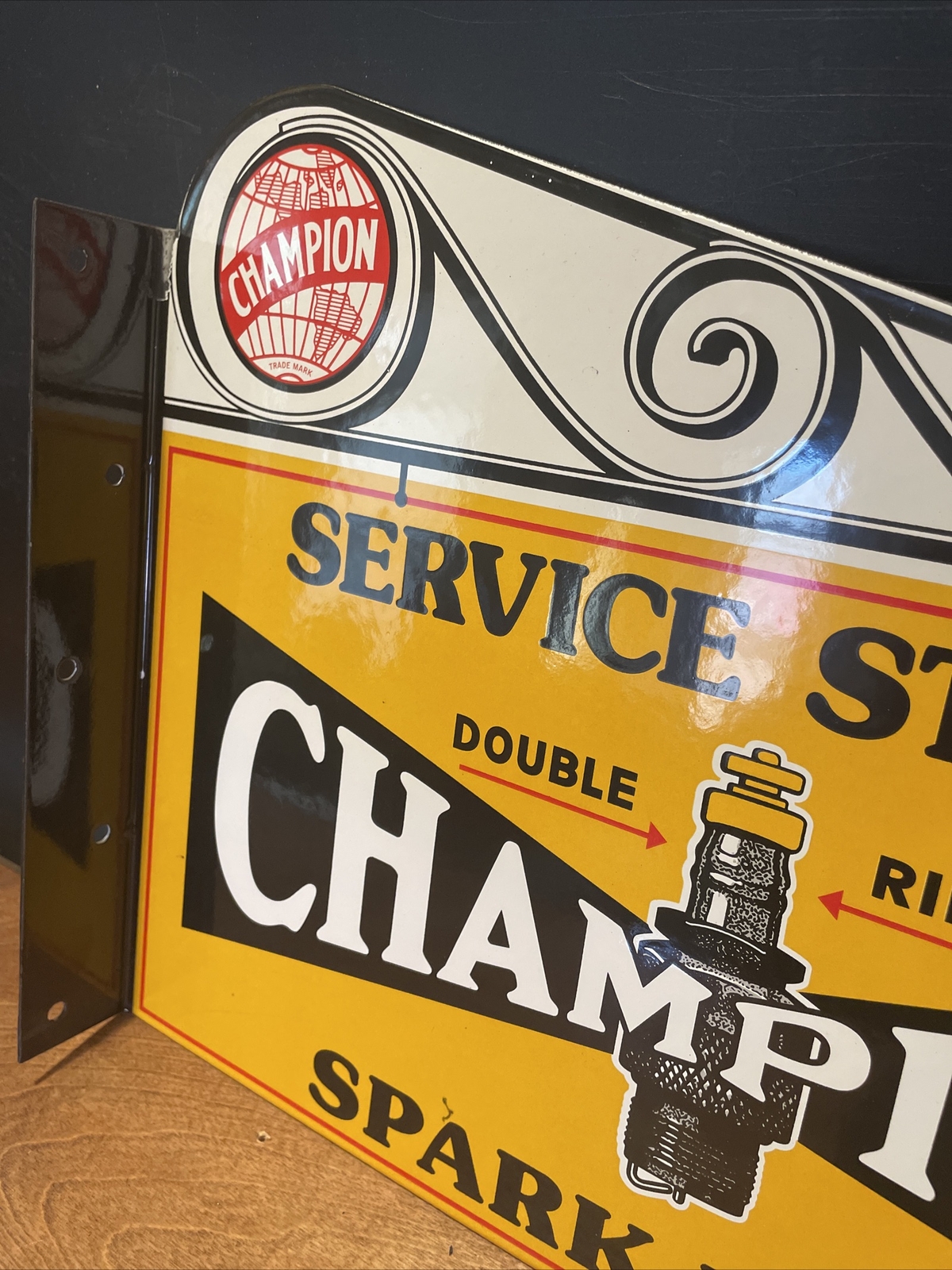 FLANGED VINTAGE ”CHAMPION SPARK PLUGS’ 15X12 INCHES PORCELAIN SIGN
