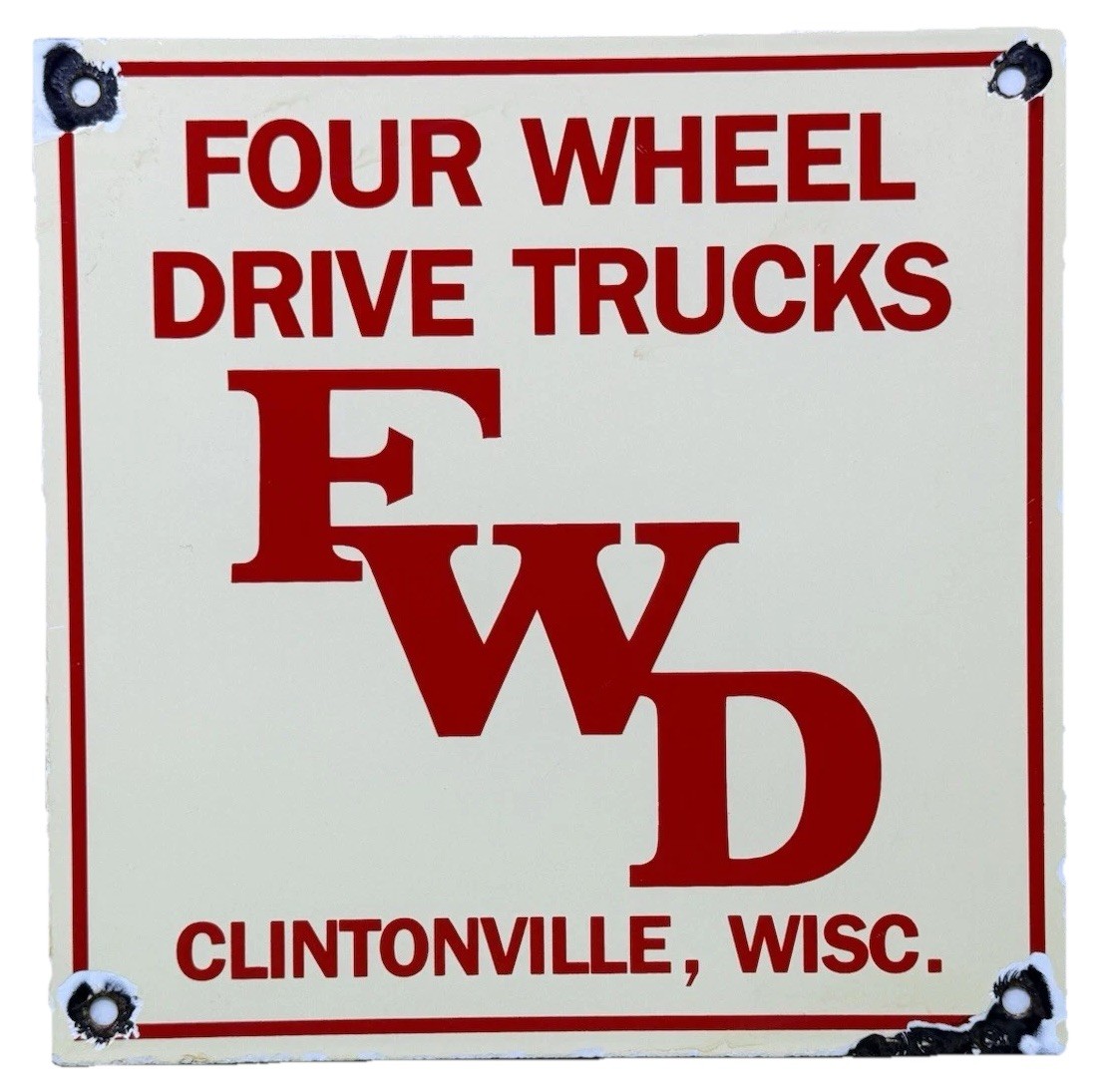 VINTAGE FOUR WHEEL DRIVE TRUCKS PORCELAIN SIGN REPAIR SHOP GAS OIL WISCONSIN