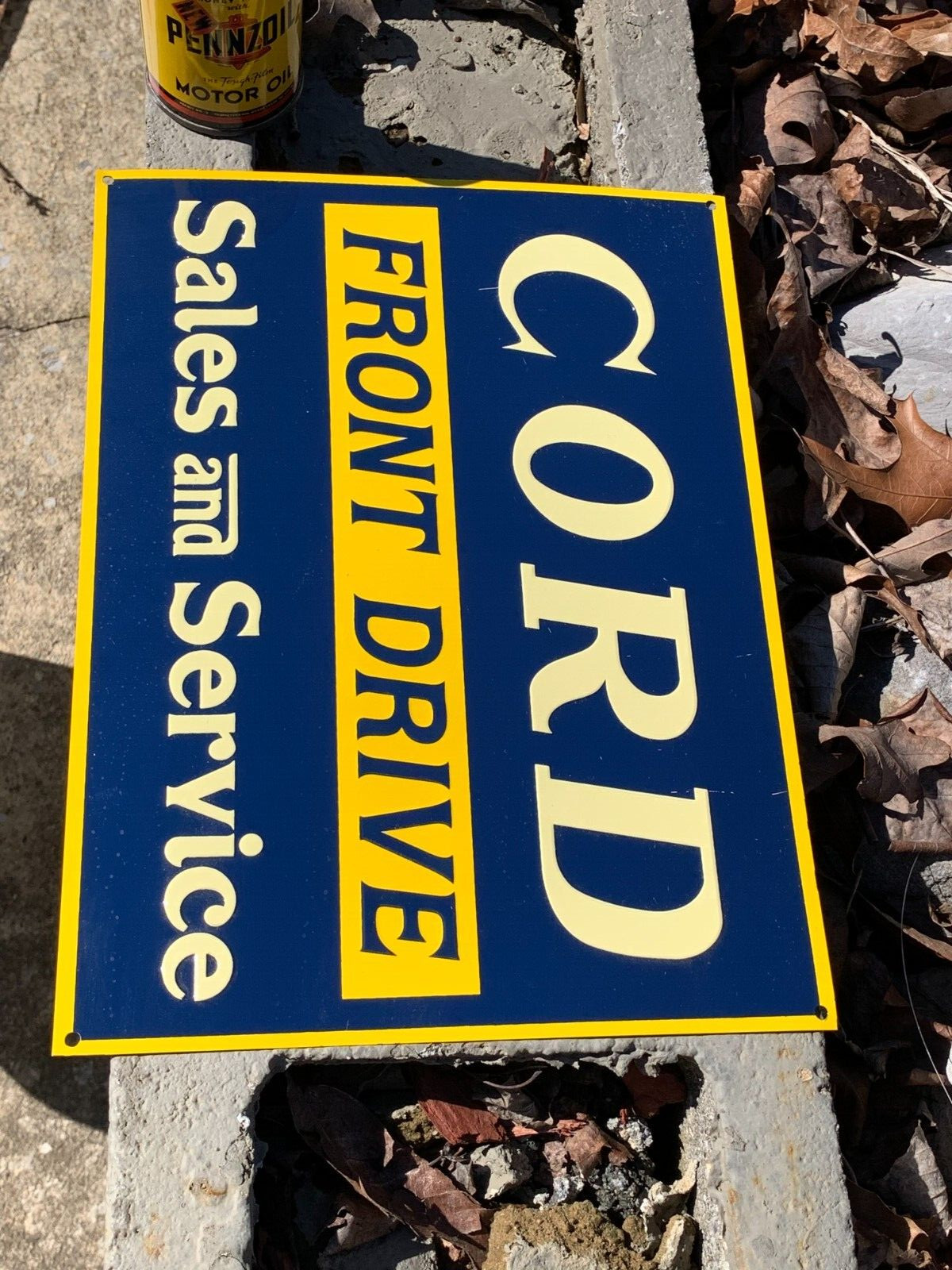 VINTAGE (CORD FRONT DRIVE SALES & SERVICE” EMBOSSED METAL SIGN, (11″x 8.5″) NICE