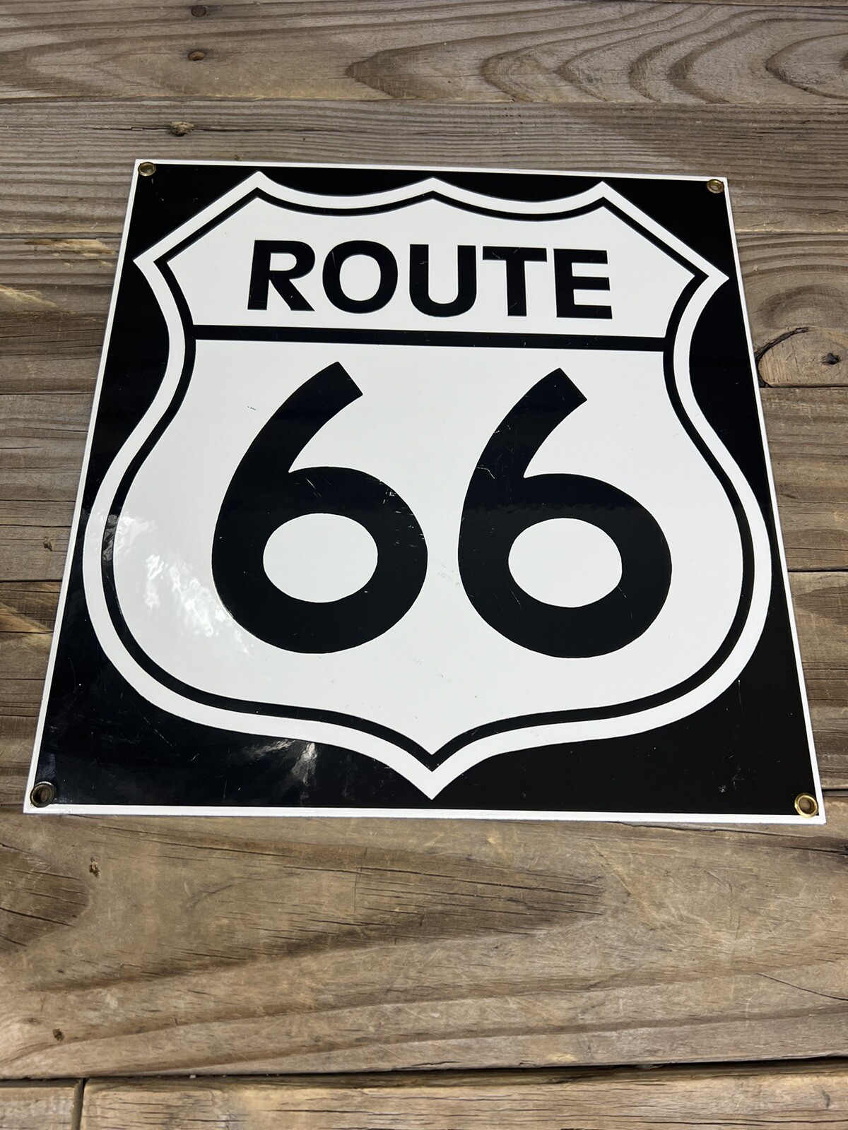 AS-IS Route 66 Porcelain Sign by Ande Rooney 12” x 11-1/4 Scratches Reproduction