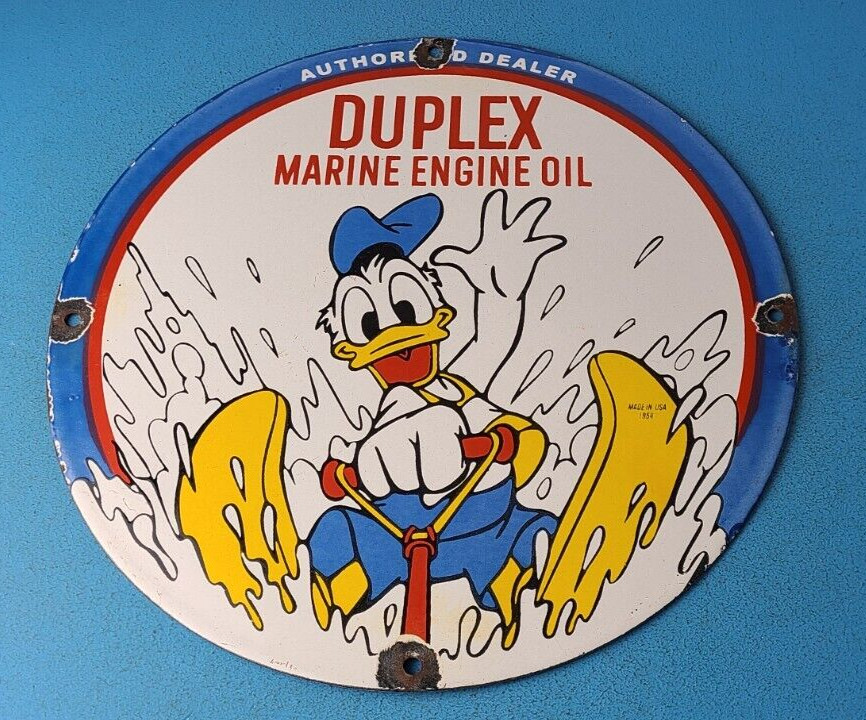 VINTAGE DUPLEX MARINE ENGINE OIL PORCELAIN GAS PUMP SERVICE STATION SIGN
