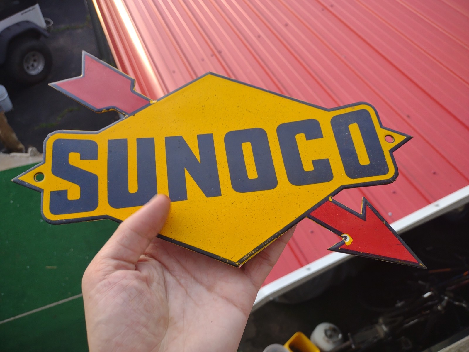 VINTAGE RARE SUNOCO GASOLINE ARROW PORCELAIN METAL SIGN AUTOMOBILE MOTORCYCLE