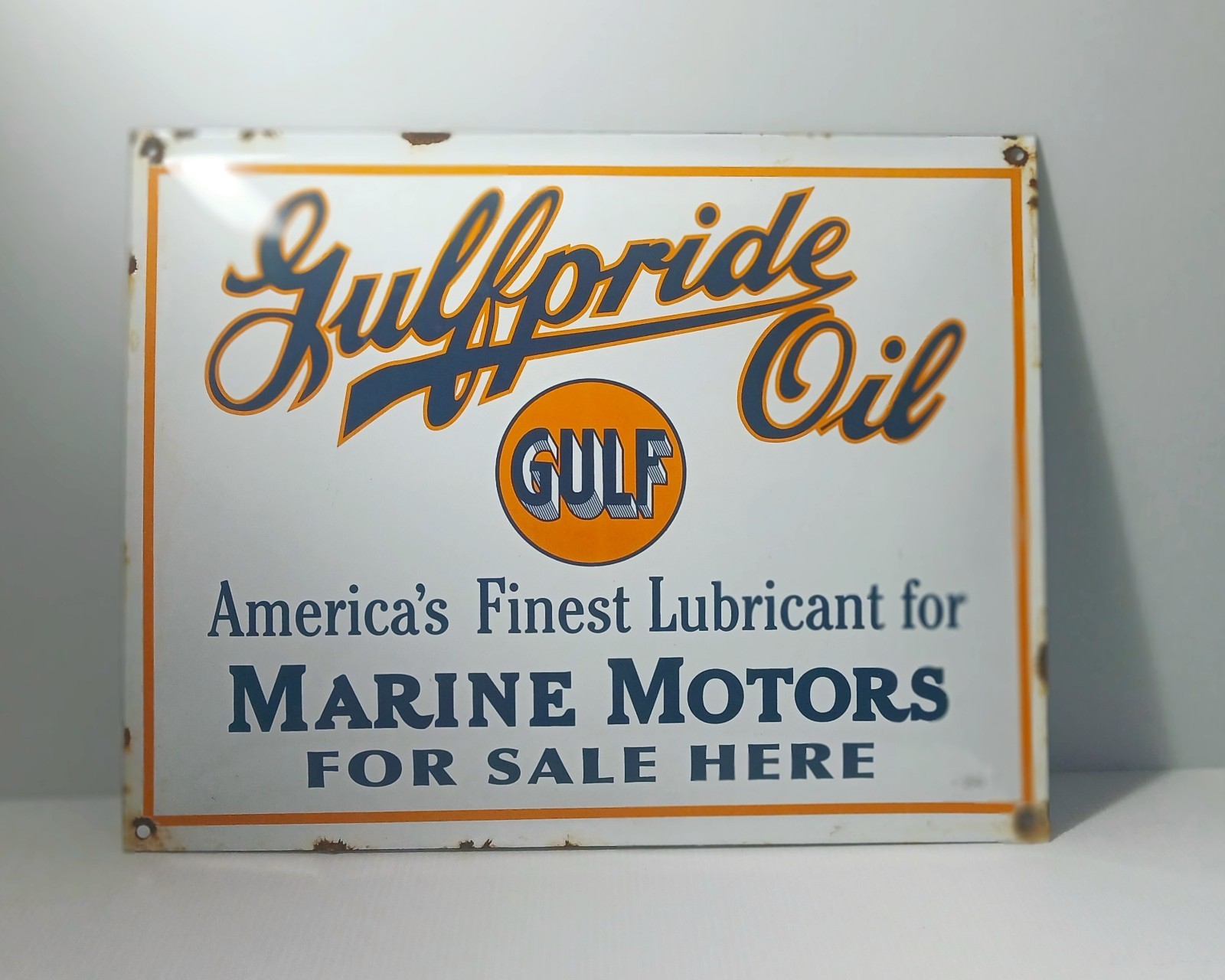VINTAGE GULF PORCELAIN SIGN GULFPRIDE GASOLINE MARINE BOAT MOTOR OIL SERVICE