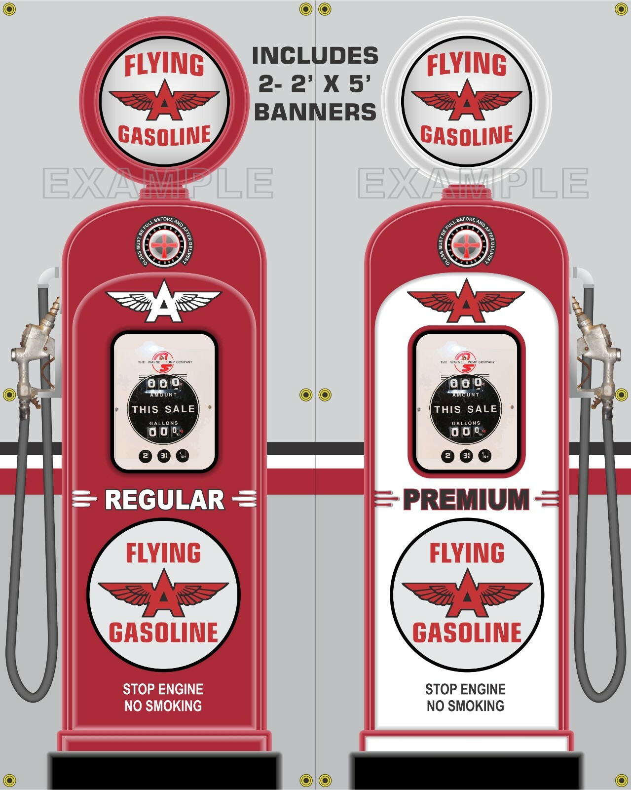 FLYING A GAS PUMP WAYNE 50s STYLE REGULAR PREMIUM OR SET 2 X 5 REMAKE BANNER ART