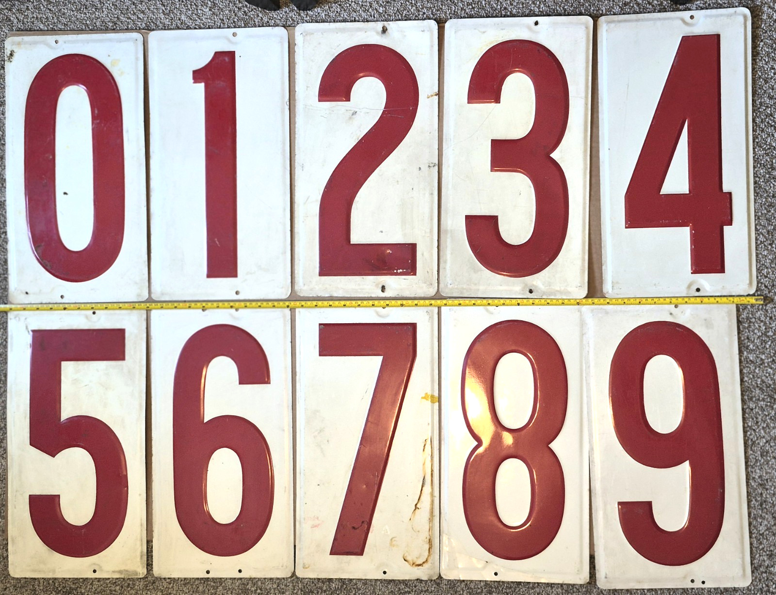 Vintage LARGE Embossed Metal Aluminum Sign Complete Number Set