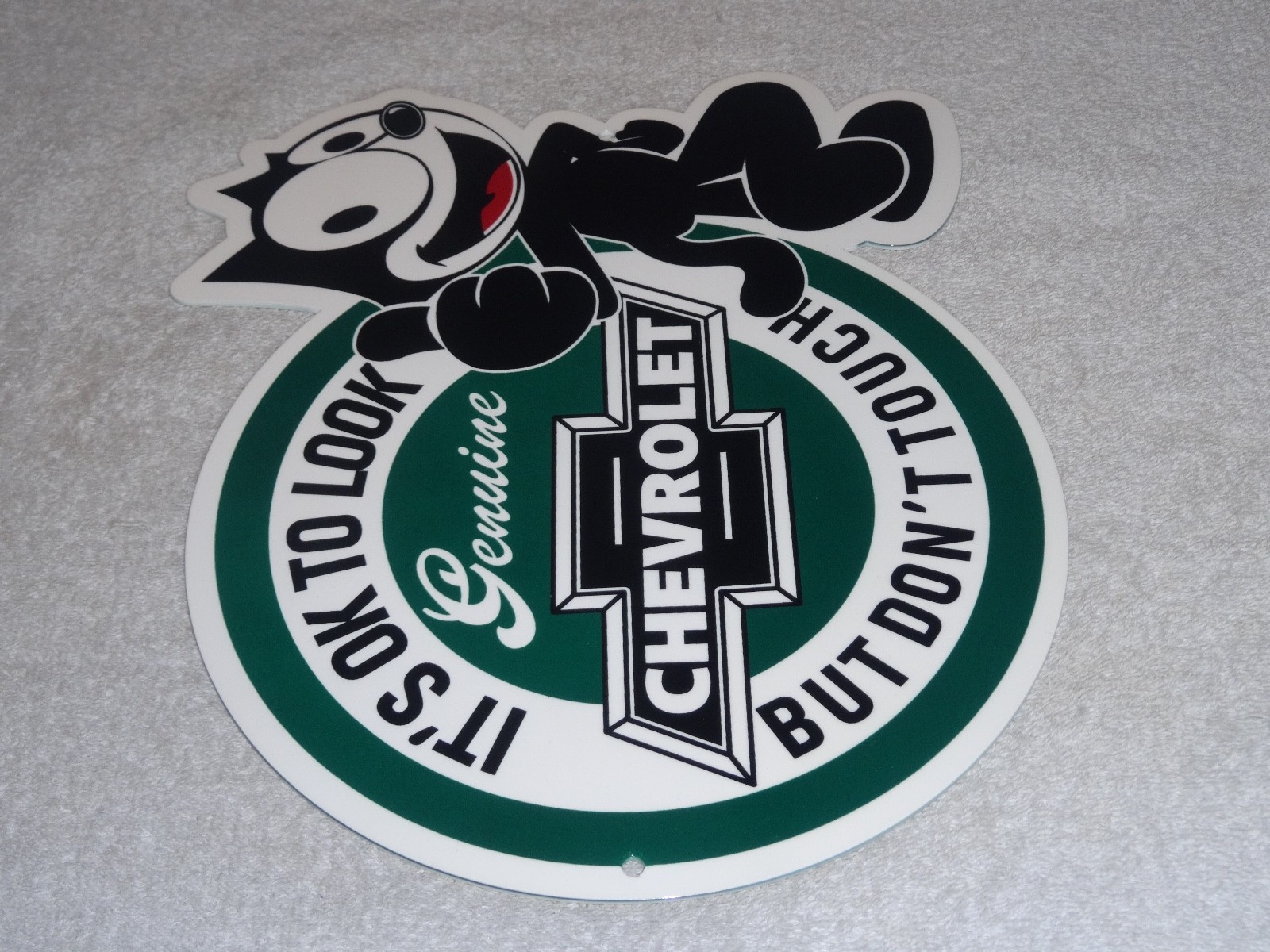 VINTAGE CHEVROLET FELIX THE CAT LOOK DONT TOUCH 12″ CAR TRUCK METAL GAS OIL SIGN