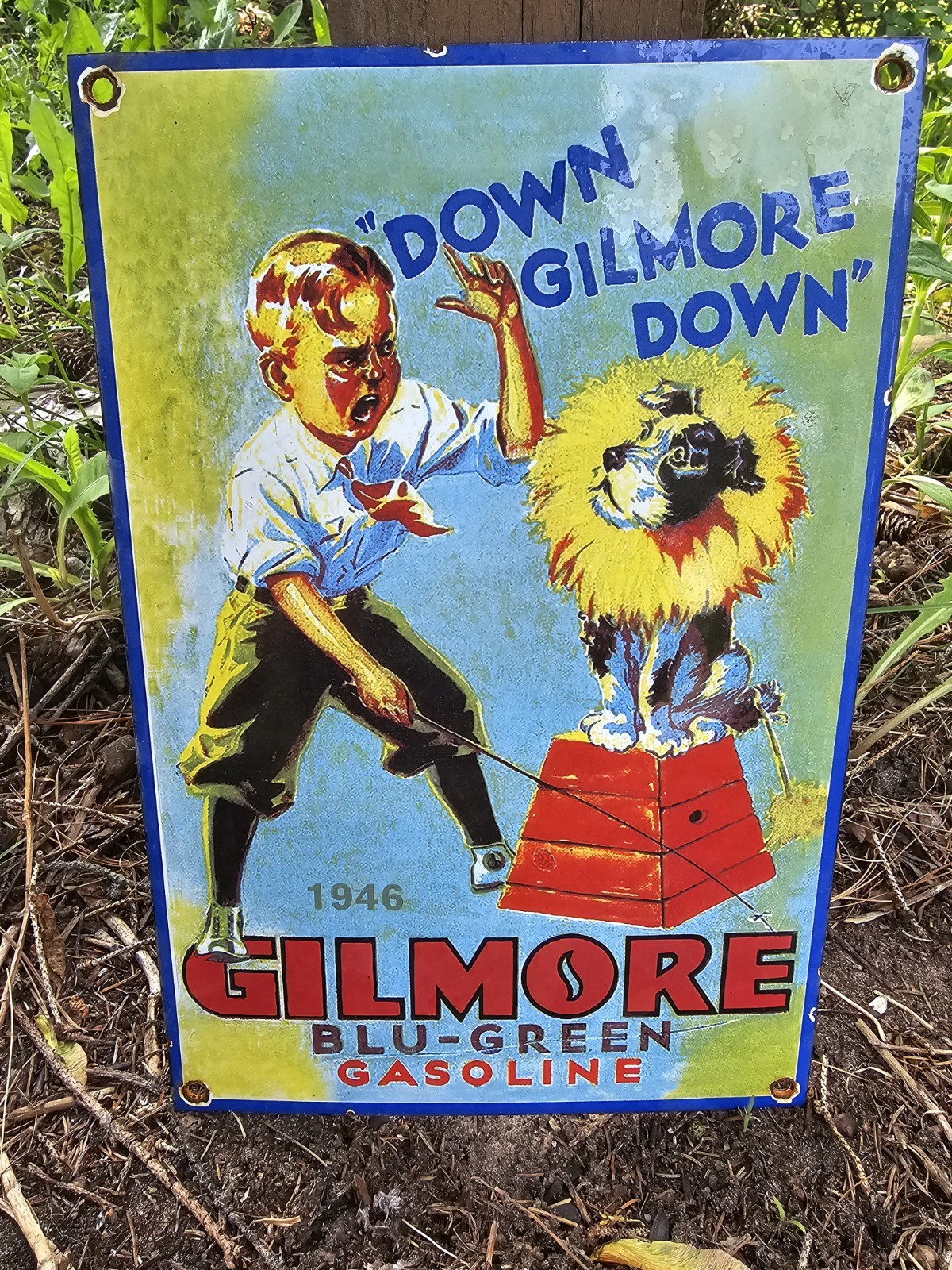 VINTAGE 1946 GILMORE GASOLINE MOTOR OIL PORCELAIN ENAMEL GAS SIGN 12″ X 8″