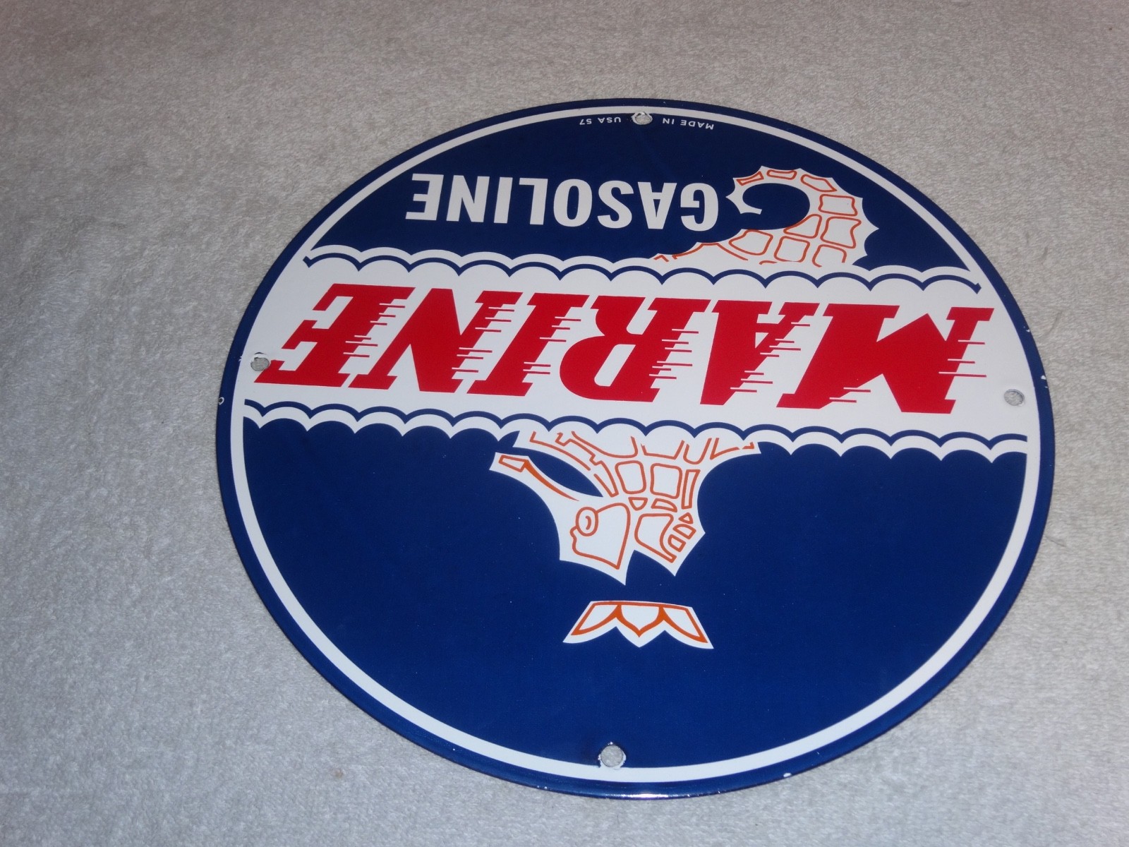 VINTAGE 1957 MARINE GASOLINE EVINRUDE JOHNSON OUTBOARD BOAT MOTOR PORCELAIN SIGN