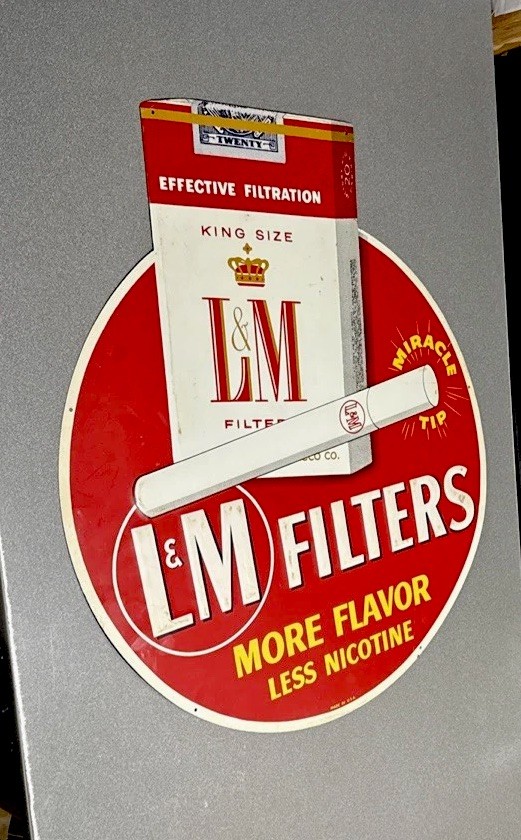 VINTAGE 29” L & M EMBOSSED CIGARETTES SIGN CAR GAS TRUCK OIL MOTORCYCLE
