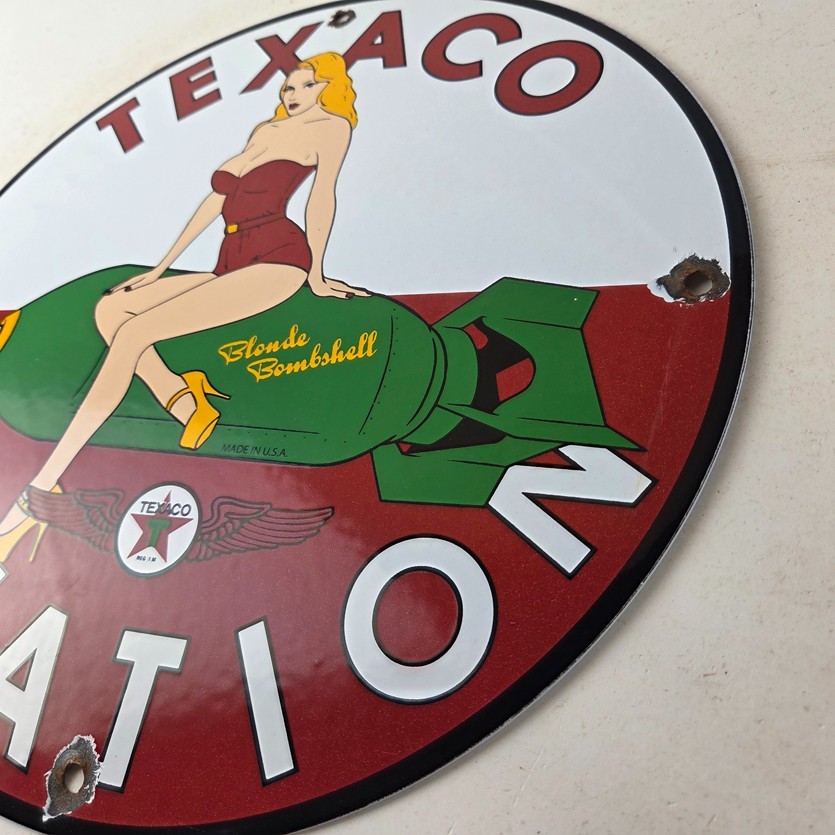 Vintage Texaco Gasoline Sign – Blonde Bombshell Gas Pump Ad Porcelain Sign