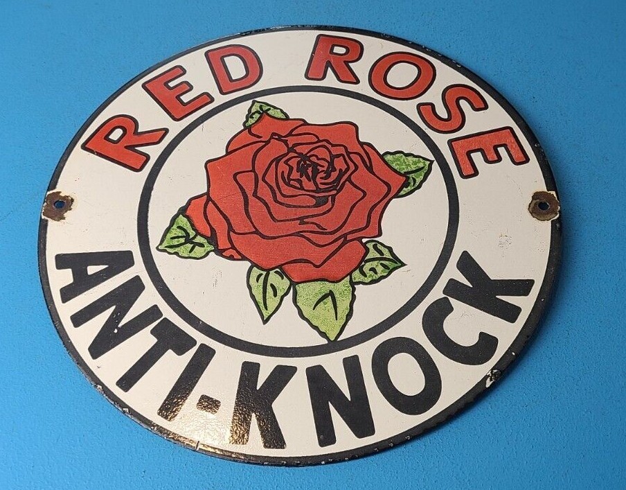 VINTAGE RED ROSE GASOLINE PORCELAIN ANTI-KNOCK GAS OIL SERVICE STATION PUMP SIGN