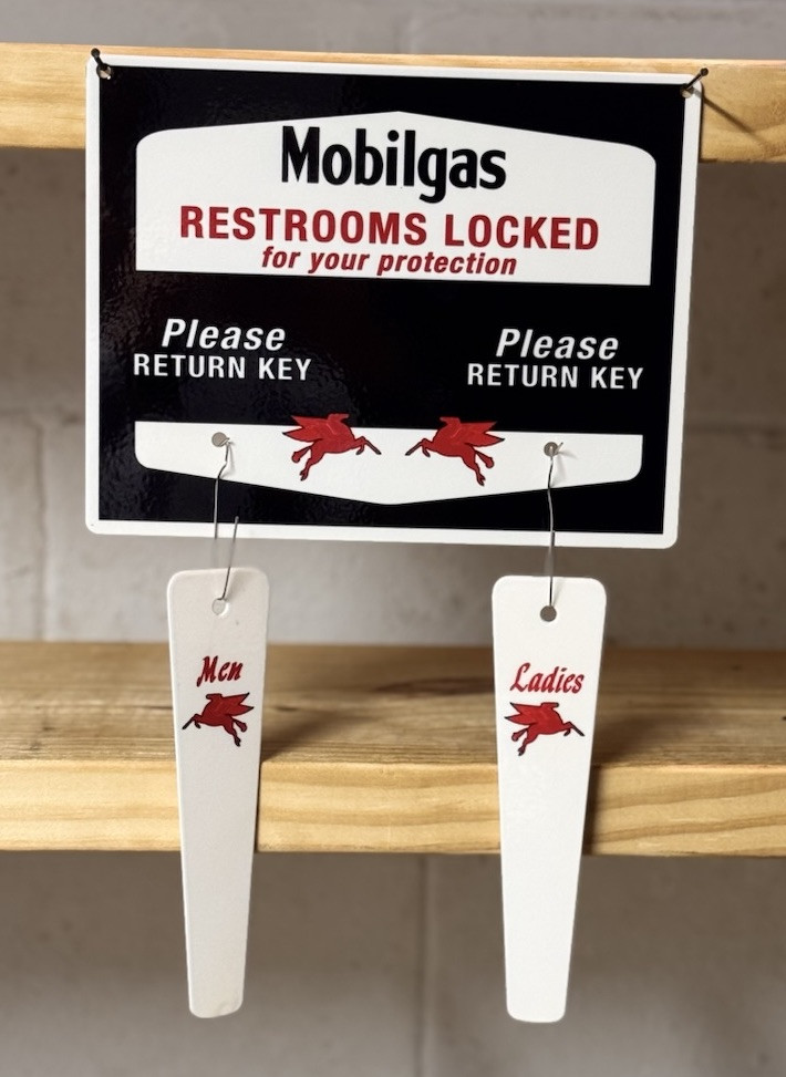 MOBILGAS GASOLINE RESTROOMS KEY HANGER WITH FOBS GAS OIL GARAGE STATION SIGN