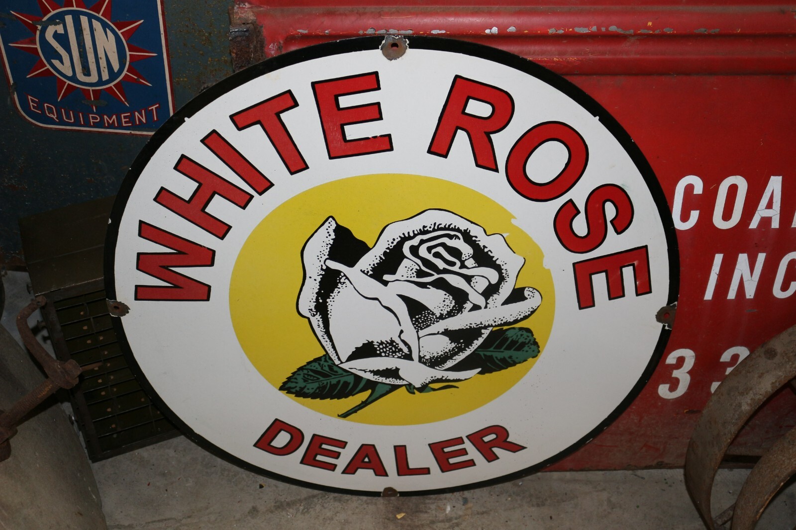 Large White Rose Gasoline Motor Oil Gas Station 30″ Heavy Metal Porcelain Sign
