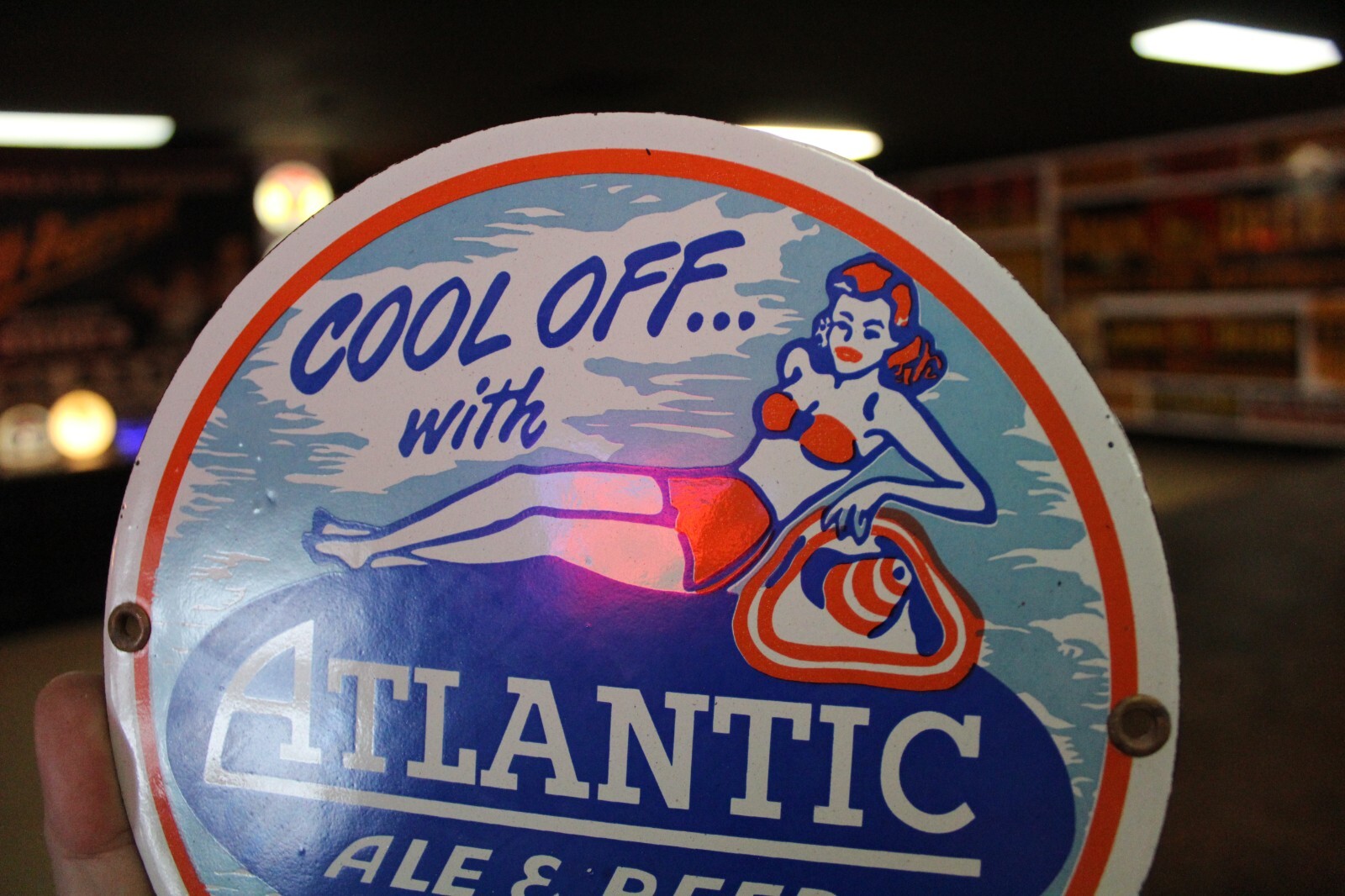 RARE ATLANTIC ALE BEER DEALER PORCELAIN METAL SIGN SWIMSUIT GIRL BEACH MAINE