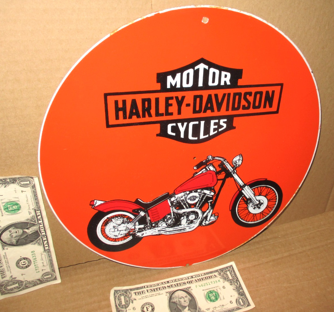 HARLEY-DAVIDSON – MOTORCYCLES – Harley Hog – V Twin Chopper Bike -ROUND TIN SIGN