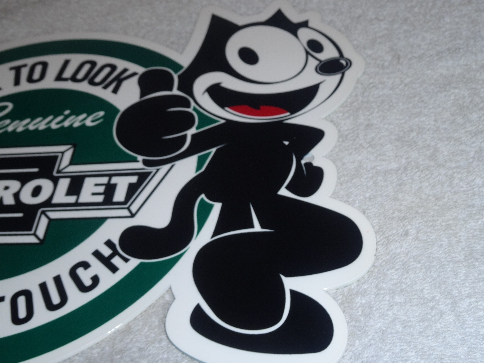 VINTAGE CHEVROLET FELIX THE CAT LOOK DONT TOUCH 12″ CAR TRUCK METAL GAS OIL SIGN