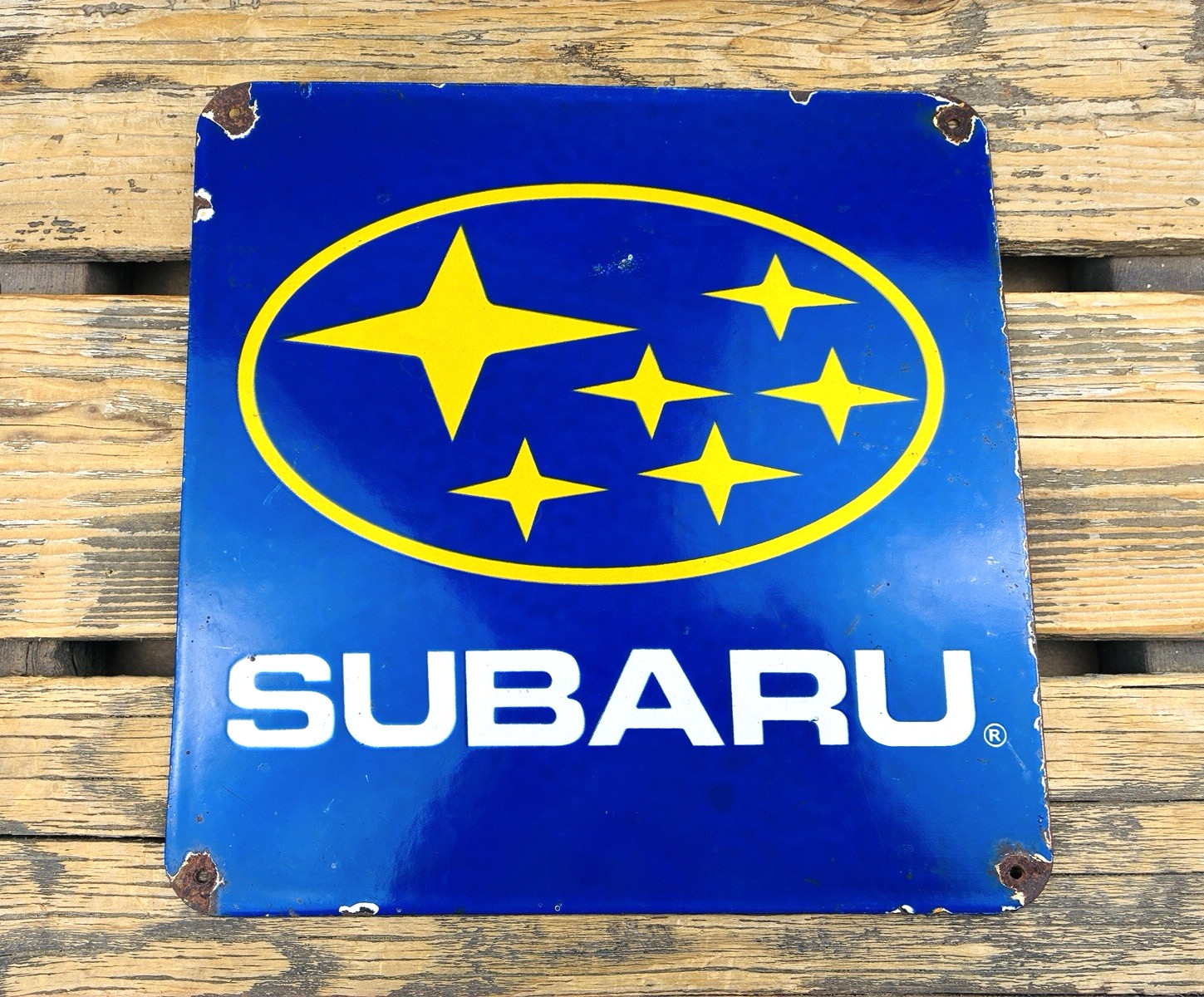 VINTAGE 12×12″ SUBARU LOGO SUBIE SALES & SERVICE GAS STATION PORCELAIN OIL SIGN