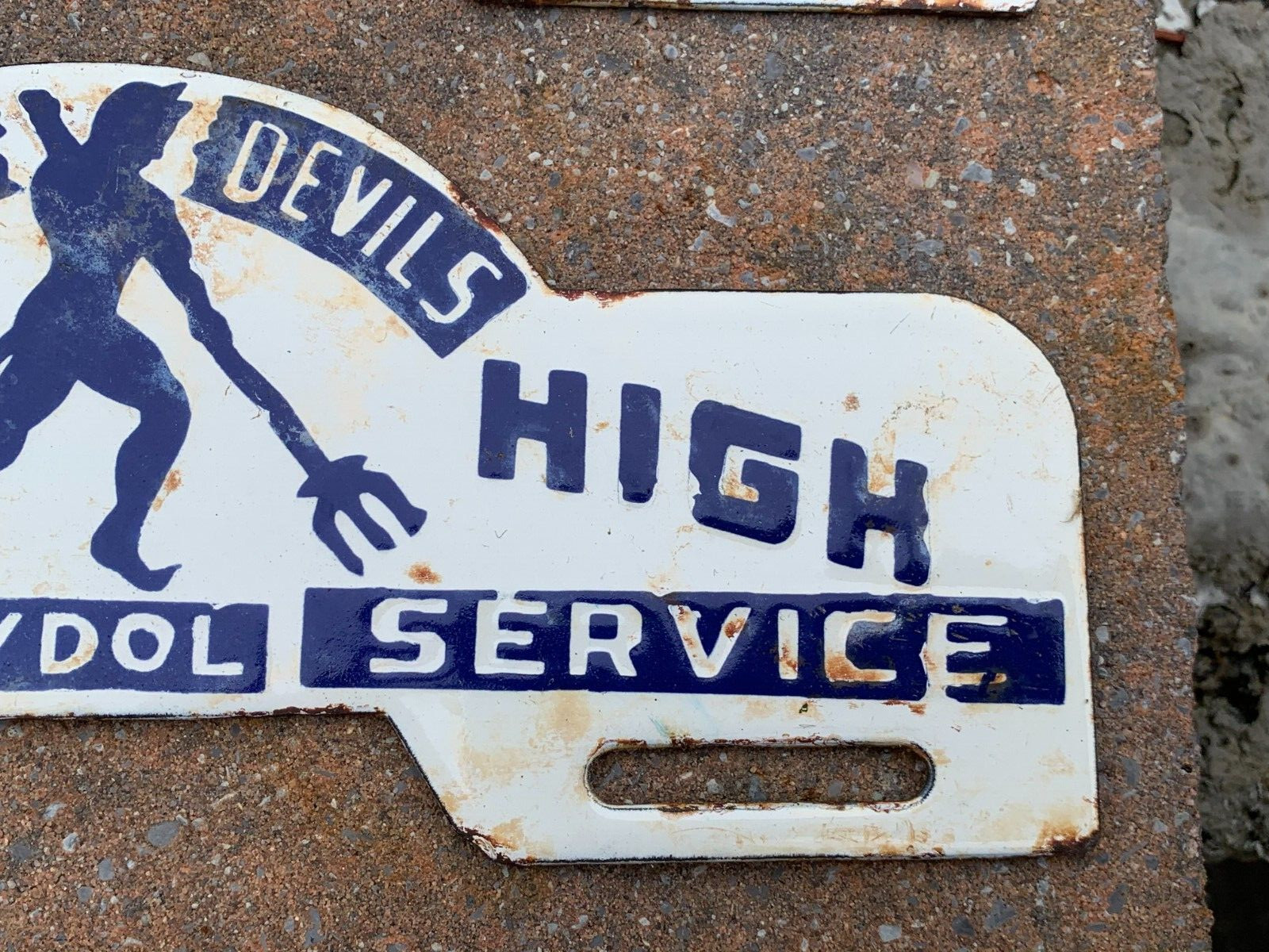 “BATAVIA HIGH BLUE DEVILS, NY” PORCELAIN LICENSE PLATE TAG TOPPERS (LOT OF 2)
