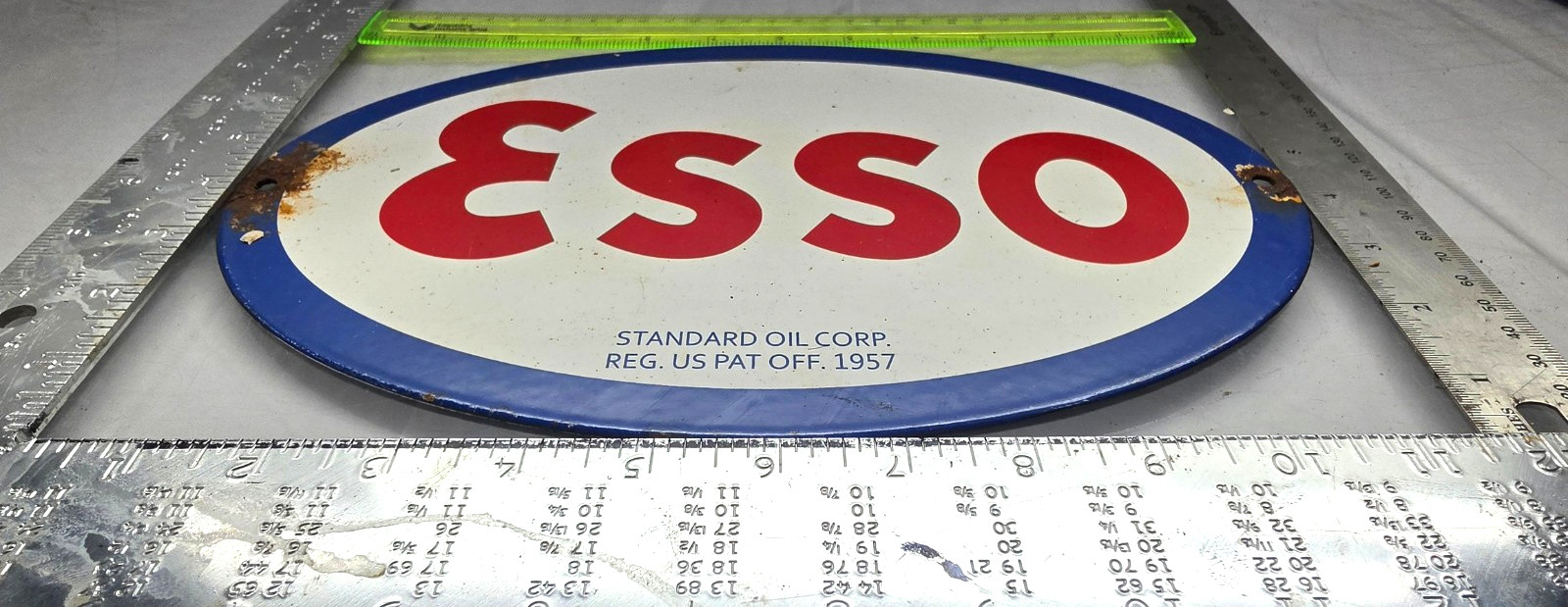 ESSO 12″ VINTAGE Genuine FLAT Gas Pump Plate Service Station Porcelain Sign