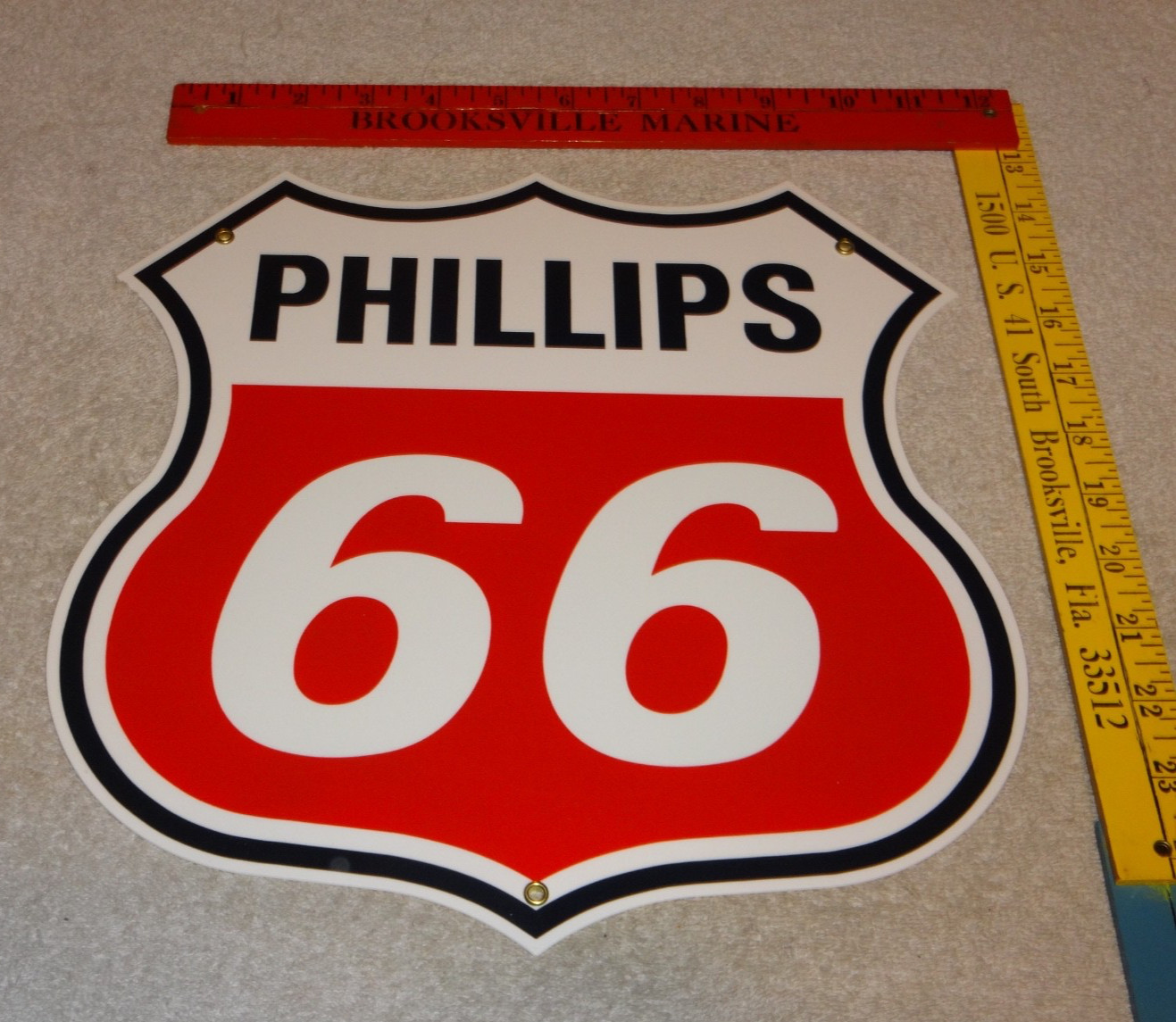 VINTAGE PHILLIPS 66 RED BLACK WHITE 12″ PORCELAIN METAL SHIELD GASOLINE OIL SIGN
