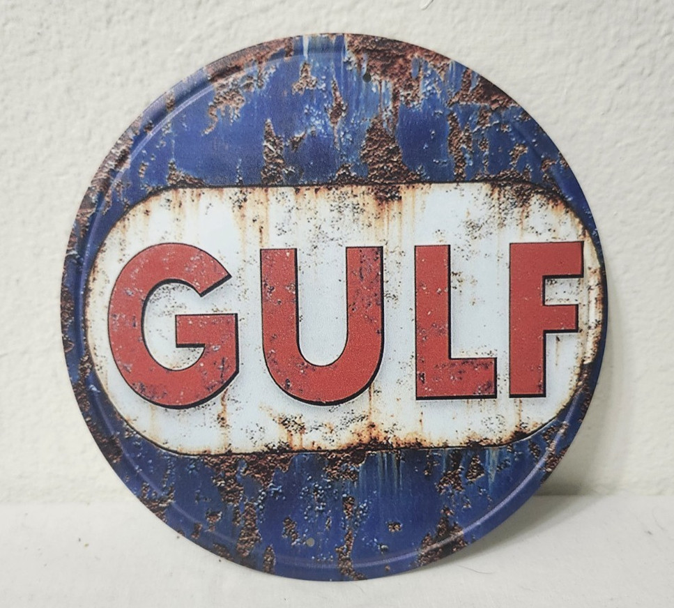 Gulf Gasoline 8″ Round Novelty Metal Sign – Retro Gas & Oil Decor (New)