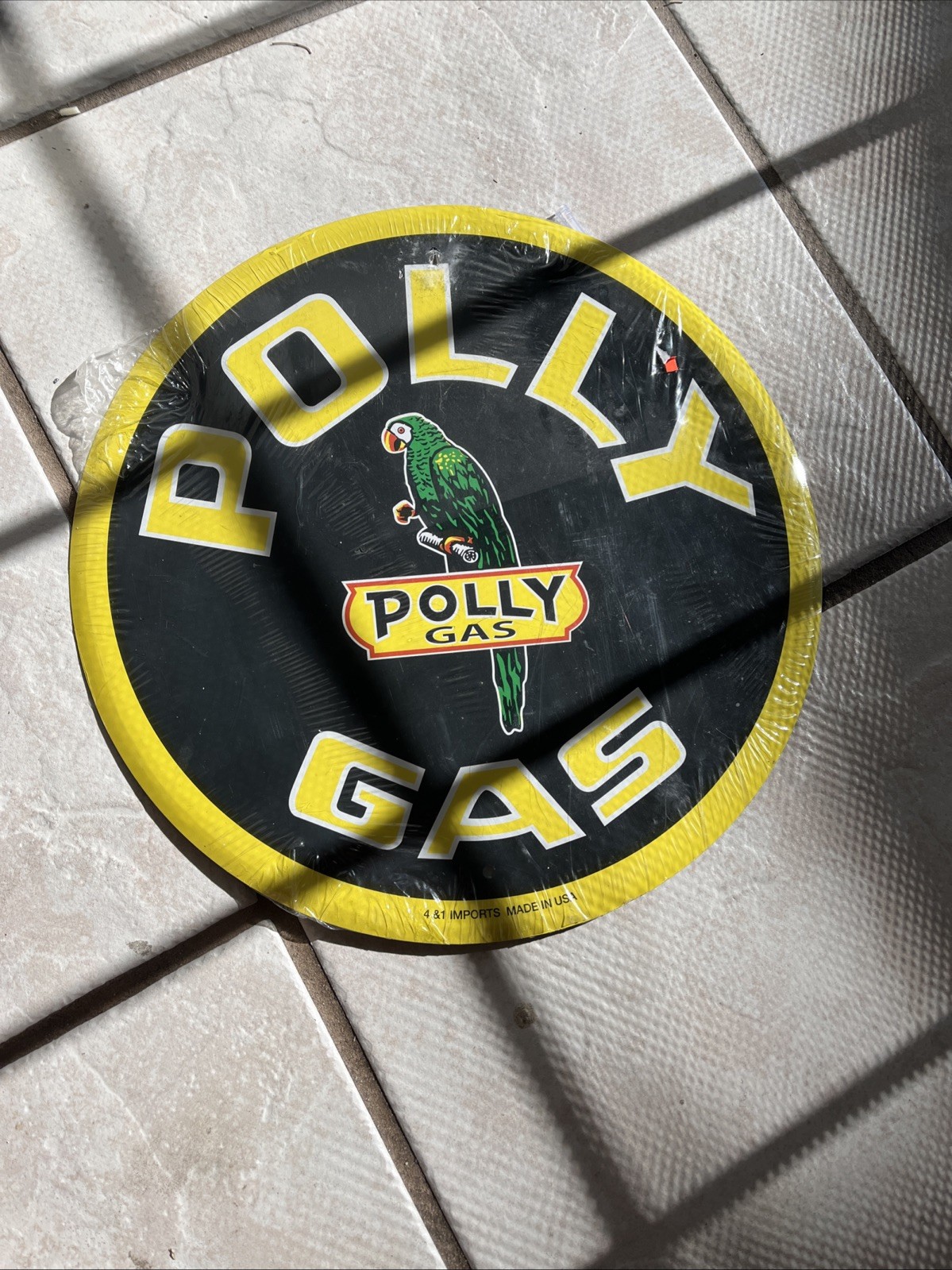 Polly Gas Metal 12″ Round Sign 4 & 1 Imports Made in USA – Reproduction Sign