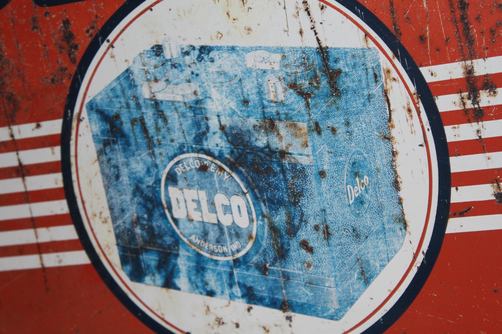 SCARCE 1954 DELCO BATTERIES 2-SIDED PAINTED METAL DEALER SIGN GMC CHEVY GAS OIL