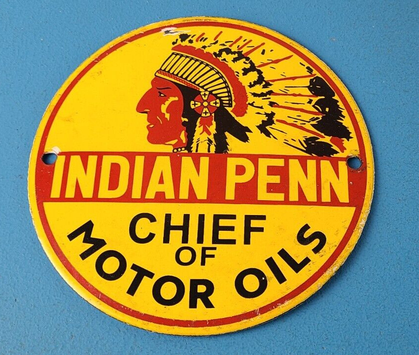 Vintage Porcelain Indian Penn Gasoline Sign – Chief Motor Oils Gas Pump Sign