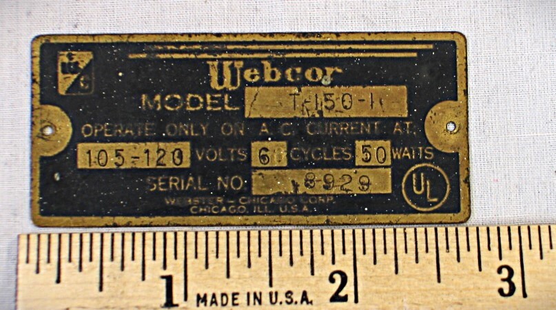 Vintage Metal Brass Badge “Webcor” Motor Nameplate Tag Sign Plaque