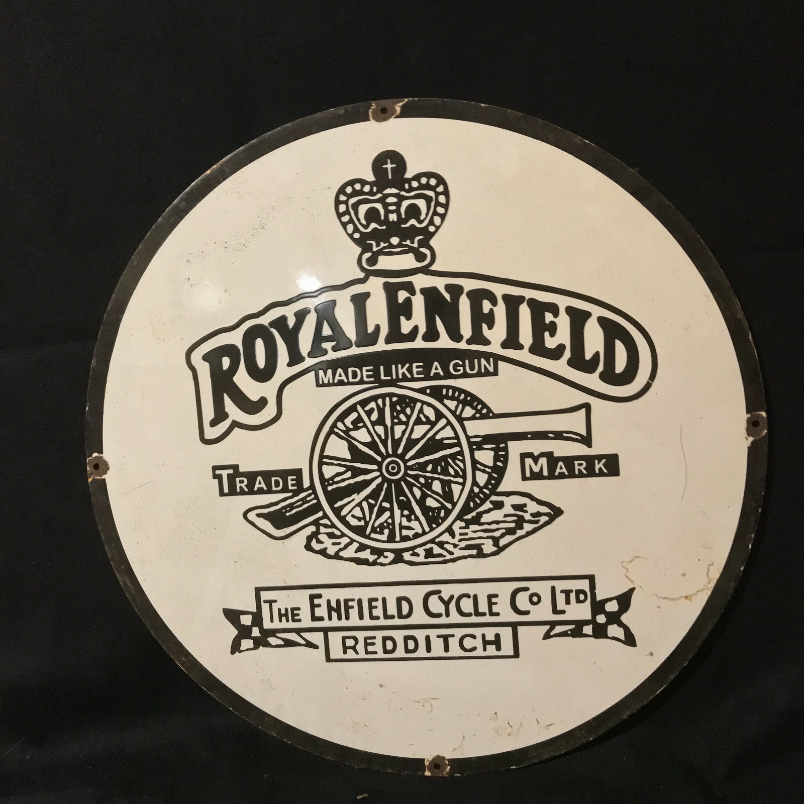 ROYAL ENFIELD REDDITCH ADVERTISING PORCELAIN ENAMEL SIGN 30 IN ROUND SS