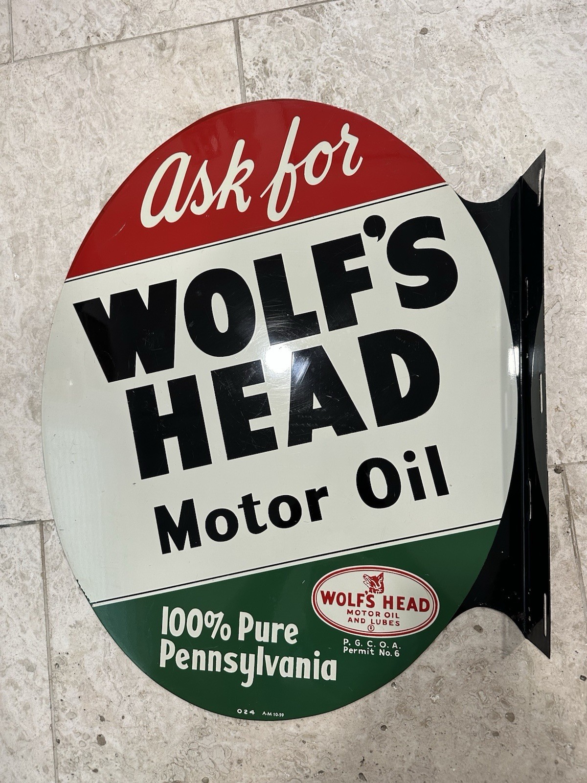 VINTAGE 1959 WOLF’S HEAD MOTOR OIL FLANGE Tin Sign ORIGINAL Rare Condition Nice