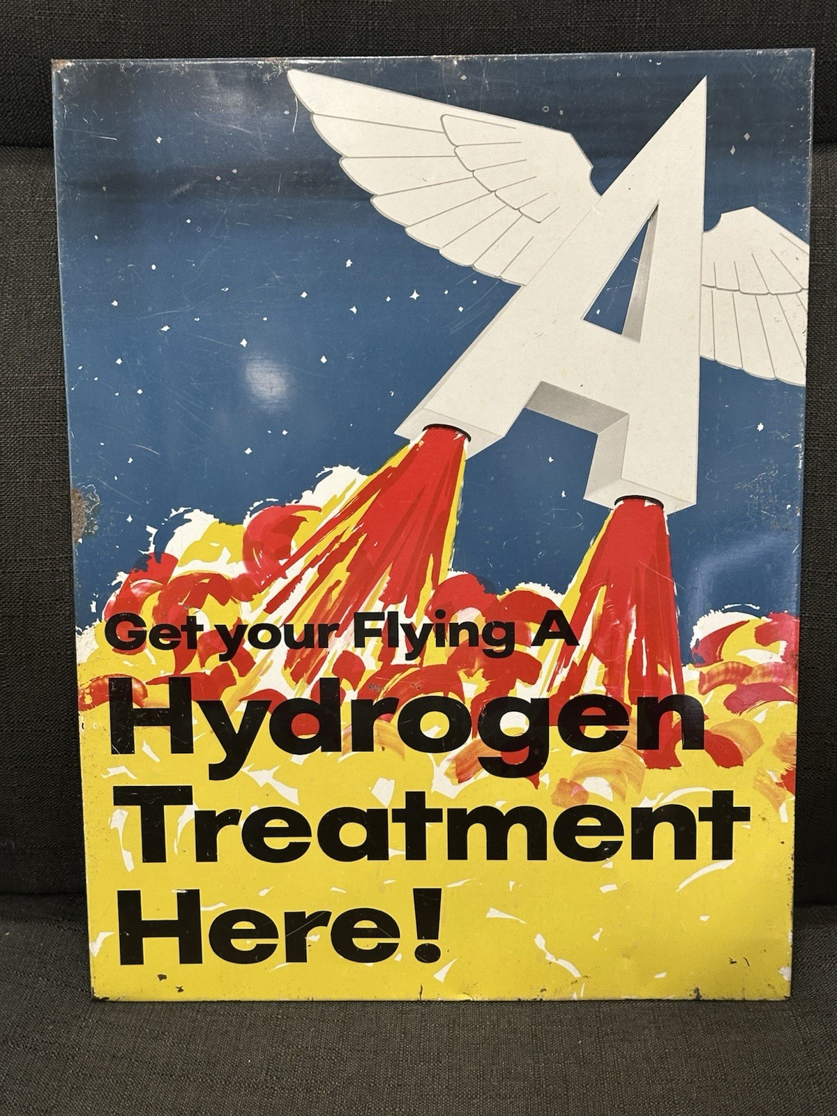 Vintage Flying A Gasoline Hydrogen Treatment Here Tin Sign Original Rare Rocket